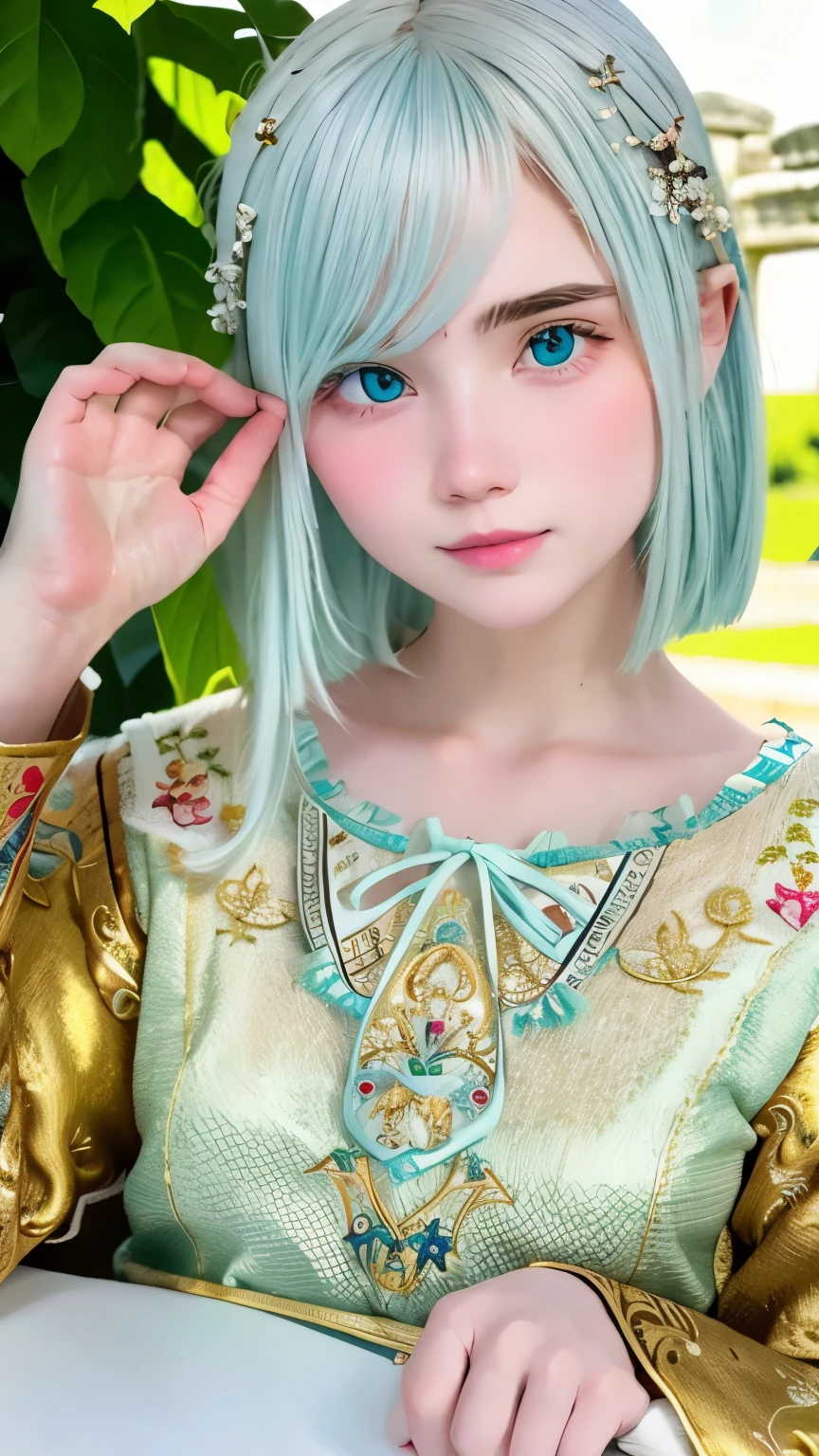 ((solo:1.2)),cute girl sitting on bench in garden,frilled dirndl,from above,looking up,cobblestone pavement,aqua hair,fine bob cut,(hair over one eye),(dappled sunlight:1.2),blurry,(depth of field:1.1),head tilt,:o,(petals),tree,butterfly,naked,spreading pussy,wet pussy,horny face,pussy wet dripping,nude,no clothes 