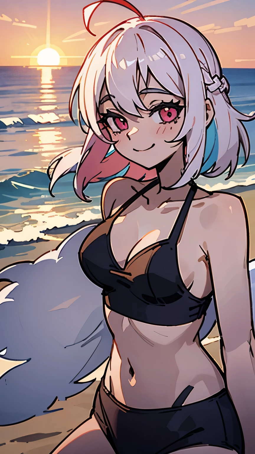 beach,seaside,Sunset,8 color hair,pink eyes,Smile