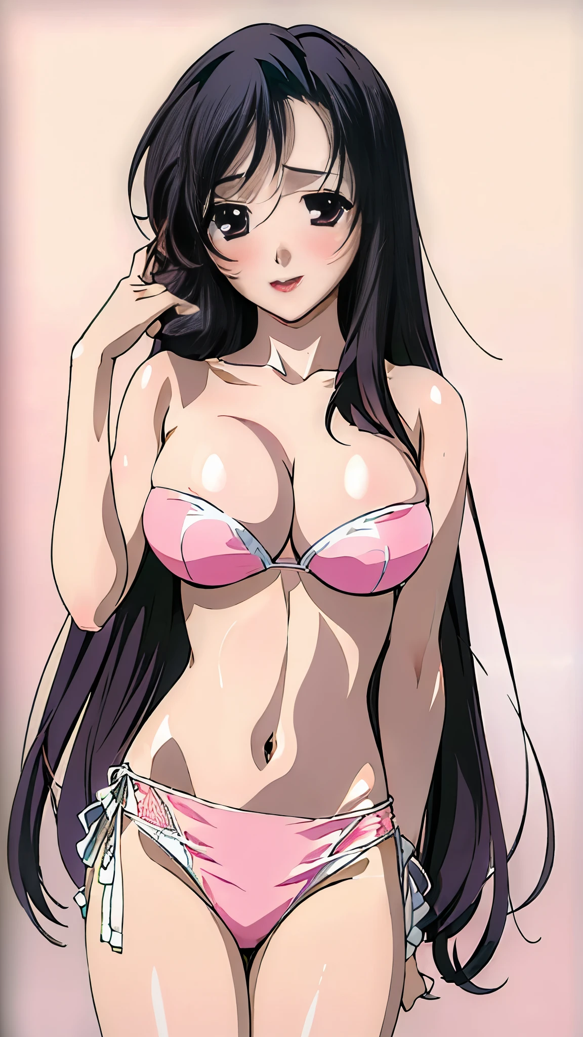 (((masterpiece))),(((highest quality))),1 girl,(((whole body))),show your armpits,big breasts,black eye,black hair,embarrassed look,leaning forward,shiny micro bikini,pink bikini,cleavage,white breath,open your mouth,slender,,beautiful feet,(((Lipstick))),(((pink lips))),thin waist,shiny skin,beach,leaning forward,