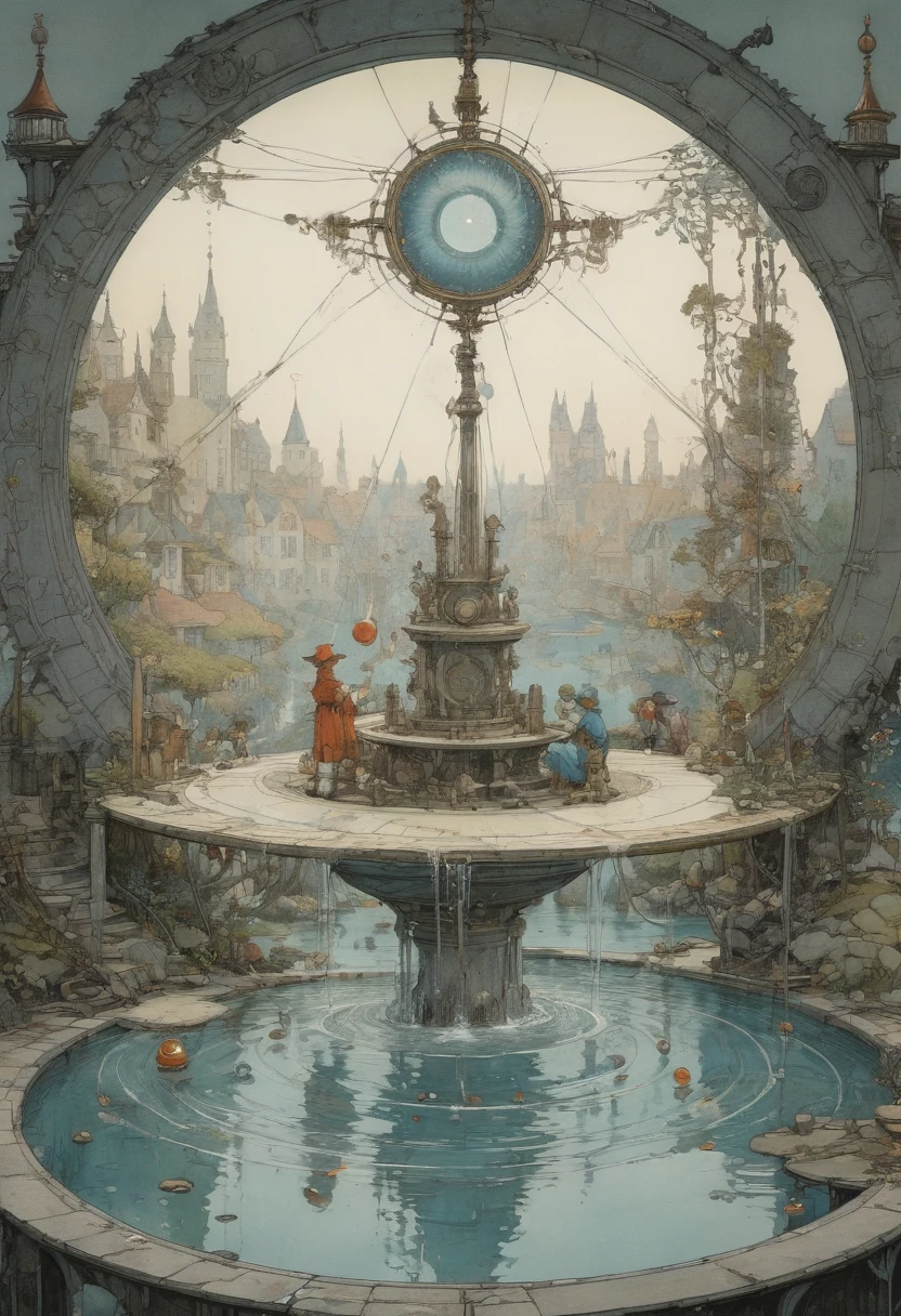 Magic Circle, water, by W. Heath Robinson, best quality, masterpiece, 8k, Representative work, official art, Professional, Ultra intricate detailed
