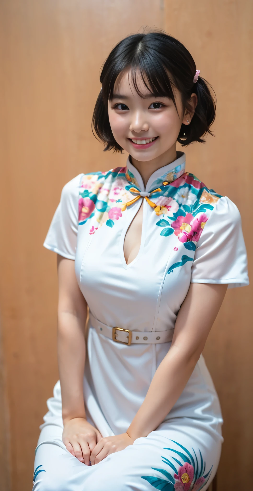 (8k、Raw photography、highest quality、masterpiece:1.2),(black haired、very short hair:1.8),(twin mitsu braid:1.4)、show viewer,Looking at the front,erotic,white skin,(She is wearing a brightly colored Chinese dress with a floral pattern.:1.7)、()、(Clothing that emphasizes the shape of your chest、publish one'Skin:1.6)、(big breasts :1.2)、slim body shape、ultra high resolution,beautiful,beautiful fece,(alone、no background:1.9),whole bodyボディー,japanese woman,(Photoreal:1.37)、photon mapping,reality、(Baby-faced and cute: 1.0)、(cute smile: 1.7)、(With a round face: 1.7)、radio city、Physically based rendering、depth of field rally background、photograph, (I can see your knees,close up of thighs:1.5),whole body、super fine