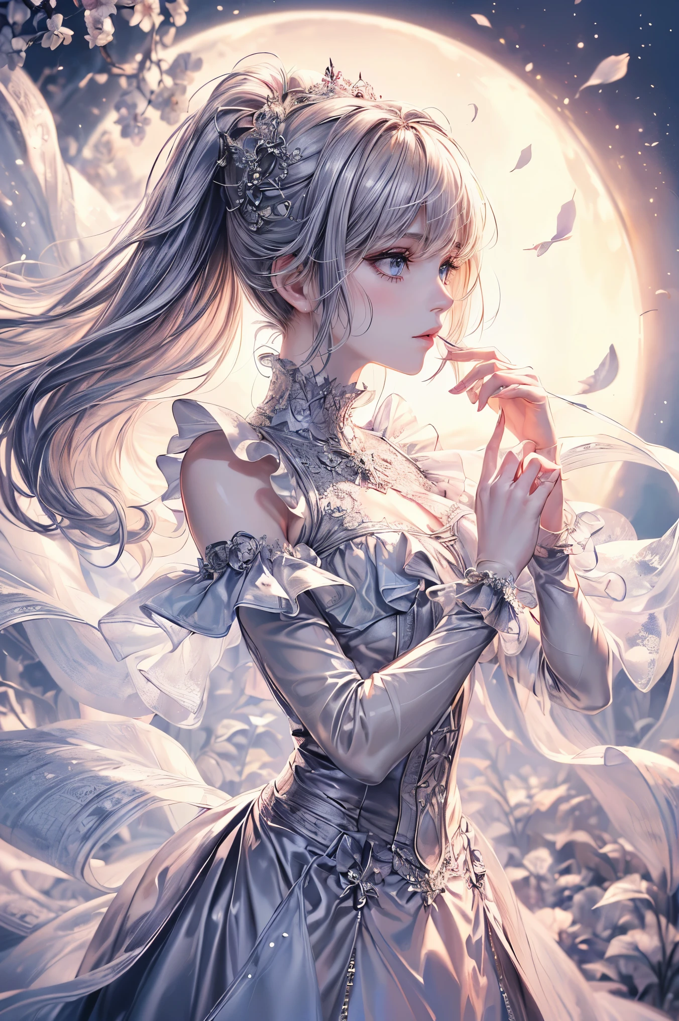 (((masterpiece))), (((highest quality))), (((Super detailed))), Fight dragons in the castle, Has a very large Gothic sword。, A very dark and eerie castle, Dark light of the moon, A woman wearing Gothic Lolita fashion, 14 years old,   anatomy (beautiful grey eyes, very large slit eyes, delicate, lonely, beautiful eyes, very length eyelashes, thin nose, small mouth, thin lips, thin body, slightly length neck, Shoulders are a little thin, length thin arms, length thin legs), Precise pose (Precise make-up facing forward (Unhealthy complexion, natural makeup, light brown eyeshadow, very light pink blush, A natural, very light pink lipstick), accurate skin (translucent white, perfectly smooth skin texture), Accurate hair (bright and beautiful silver hair, curl vertically, length, wind-swept hair), Dress accurately (Black dress with frills and lace that shows the shoulders), accurate lighting (very dark light, Diagonal lighting) Photographic equipment (Single-lens reflex camera, single focus lens), setting (f/1.8, S400, ISO100), accurate whole body, very realistic,