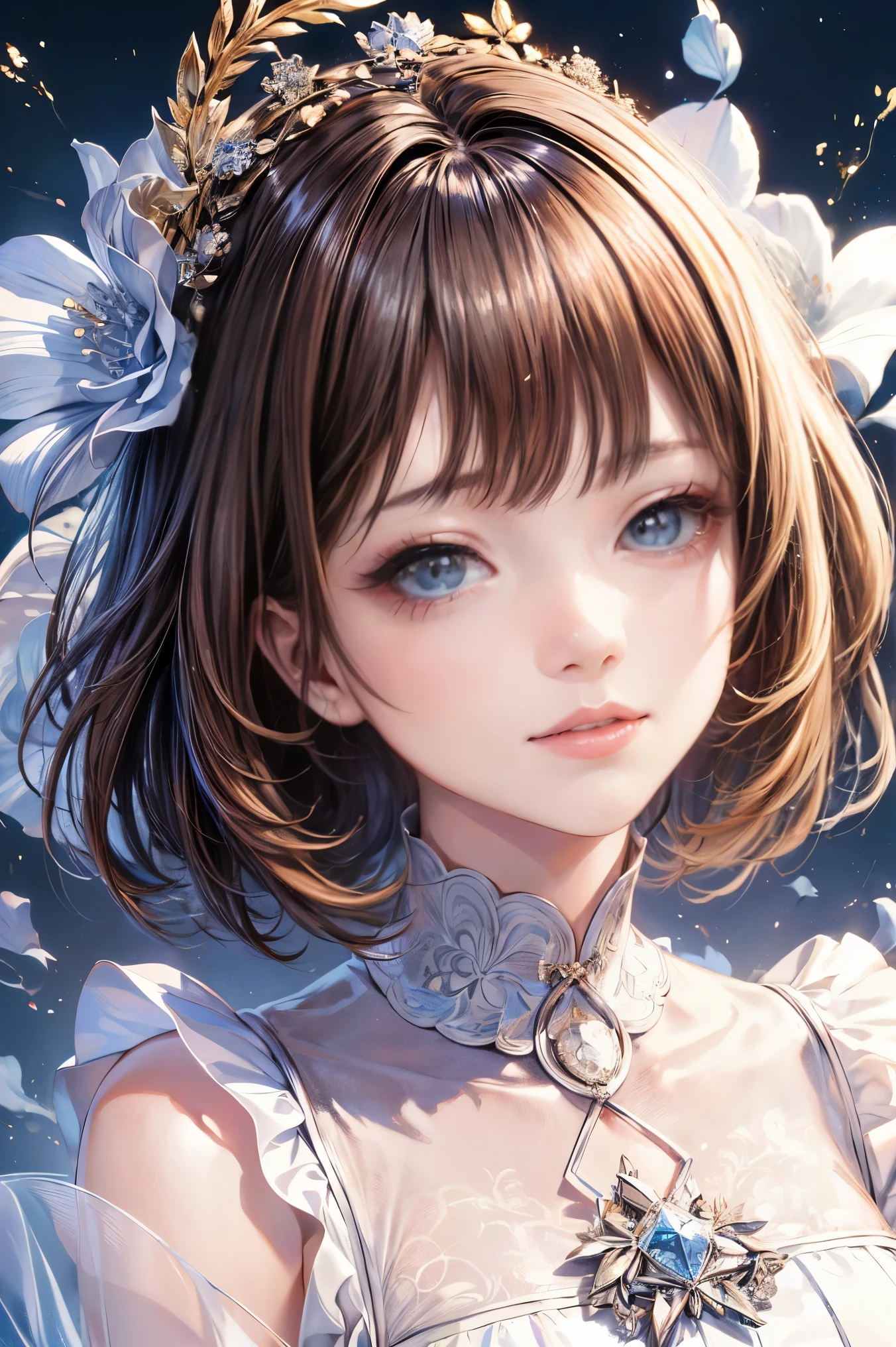(surreal)、(enlightenment)、(High resolution)、(8k)、(very detailed)、(Best Illustration)、(beautiful detailed eyes)、(highest quality)、(super detailed)、(masterpiece)、(wallpaper)、(detailed face)、solo、1 girl、Japanese、looking at the viewer、Detailed、detailed face、white one piece dress、in the dark night、deep shadow、low key、Pure erotic face ace_v1、smile、beautiful hair、brown medium straight hair、46 point diagonal bangs、