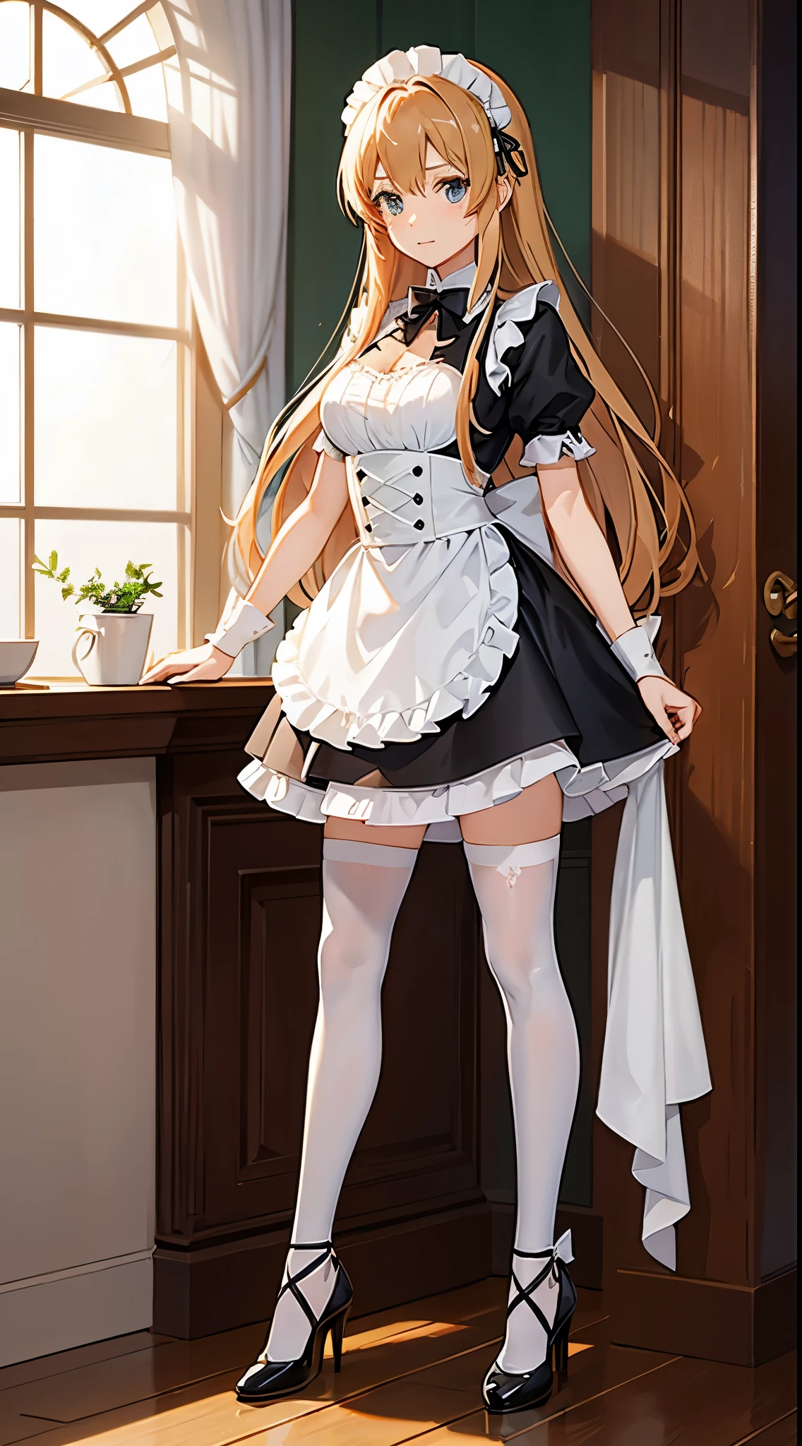 Asuna from Sword Art Online wearing a maid outfit and high heels