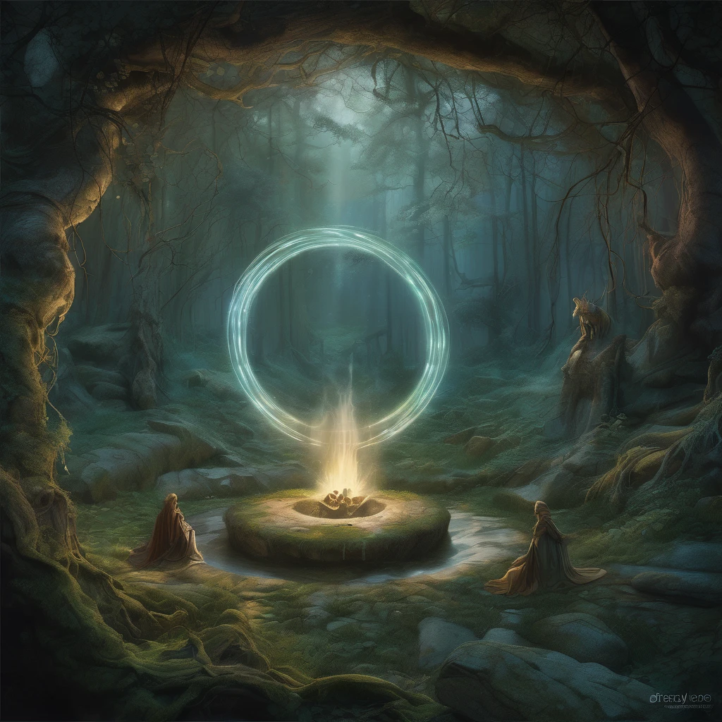 (Magic Circle:1.5), aesthetic, extremely detailed, Fantastic, Illustration, mid shot, Magic Circle, intrigued, (mystical energies:1.2) swirling within, ancient stone circle, misty forest, soft glow, two tone lighting, dim light, fantasy, contrast, watercolors, fairycore, dreamcore, Adi Granov, Brian Froud, John Jude Palencar.