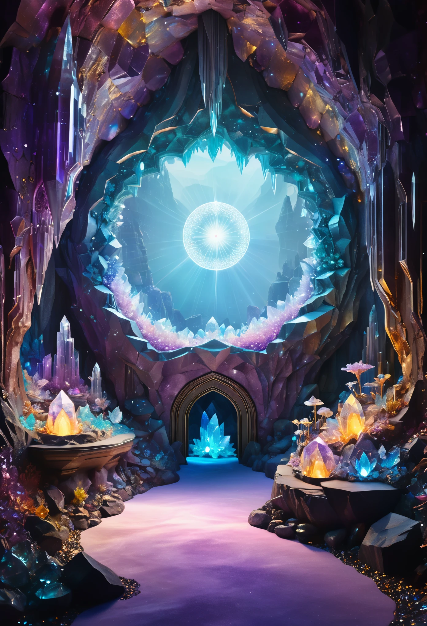 In a dimension beyond our own lies a crystal cavern, intricately adorned with luminescent crystals of all hues. ((At its heart)), ((a magic circle shimmers)), casting enchanting gemstone reflections onto the cavern walls. Embark on a mesmerizing journey, rendered in realistic and detailed, artistic style, towards the otherworldly portal granted by this ethereal sanctum.