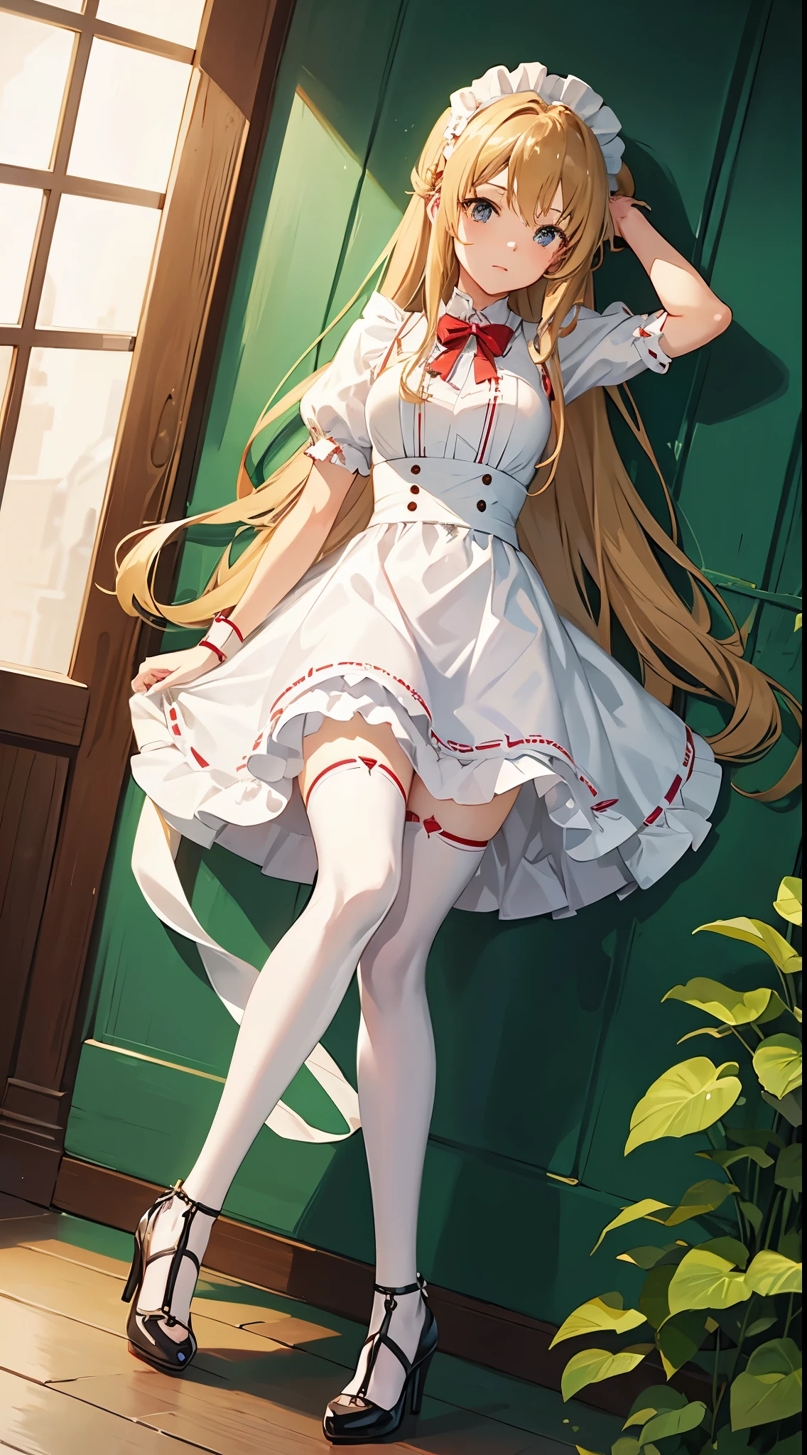 Asuna from Sword Art Online wearing a maid outfit and high heels
