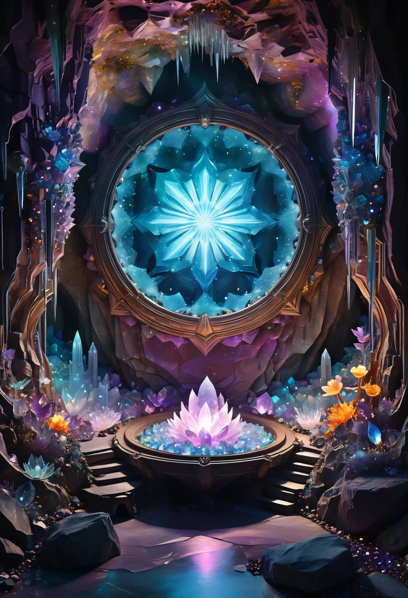 In a dimension beyond our own lies a crystal cavern, intricately adorned with luminescent crystals of all hues. ((At its heart)), ((a magic circle shimmers)), casting enchanting gemstone reflections onto the cavern walls. Embark on a mesmerizing journey, rendered in realistic and detailed, artistic style, towards the otherworldly portal granted by this ethereal sanctum.