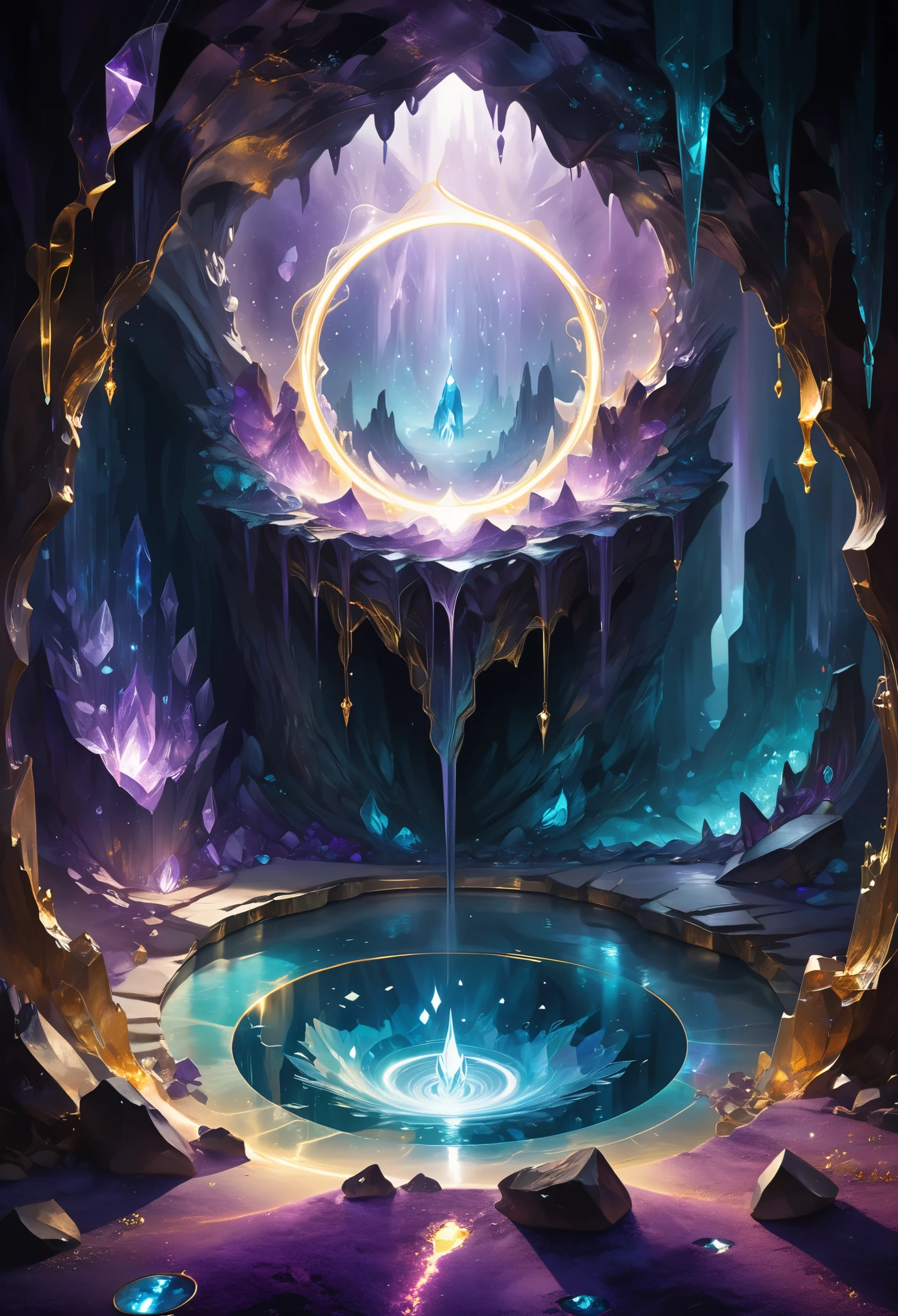 In a realistic and detailed depiction, illustrate a magic circle in the heart of a crystal cave, serving as a portal to another mystical realm. The crystal walls shimmer with an ethereal glow, refracting shards of light onto the surrounding cavern floor. The circle's edge pulses gently, glowing with an otherworldly energy, beckoning those brave enough to step through. The energies within the circle swirl and dance, blending hues of violet, teal, and gold, creating a mesmerizing scene.