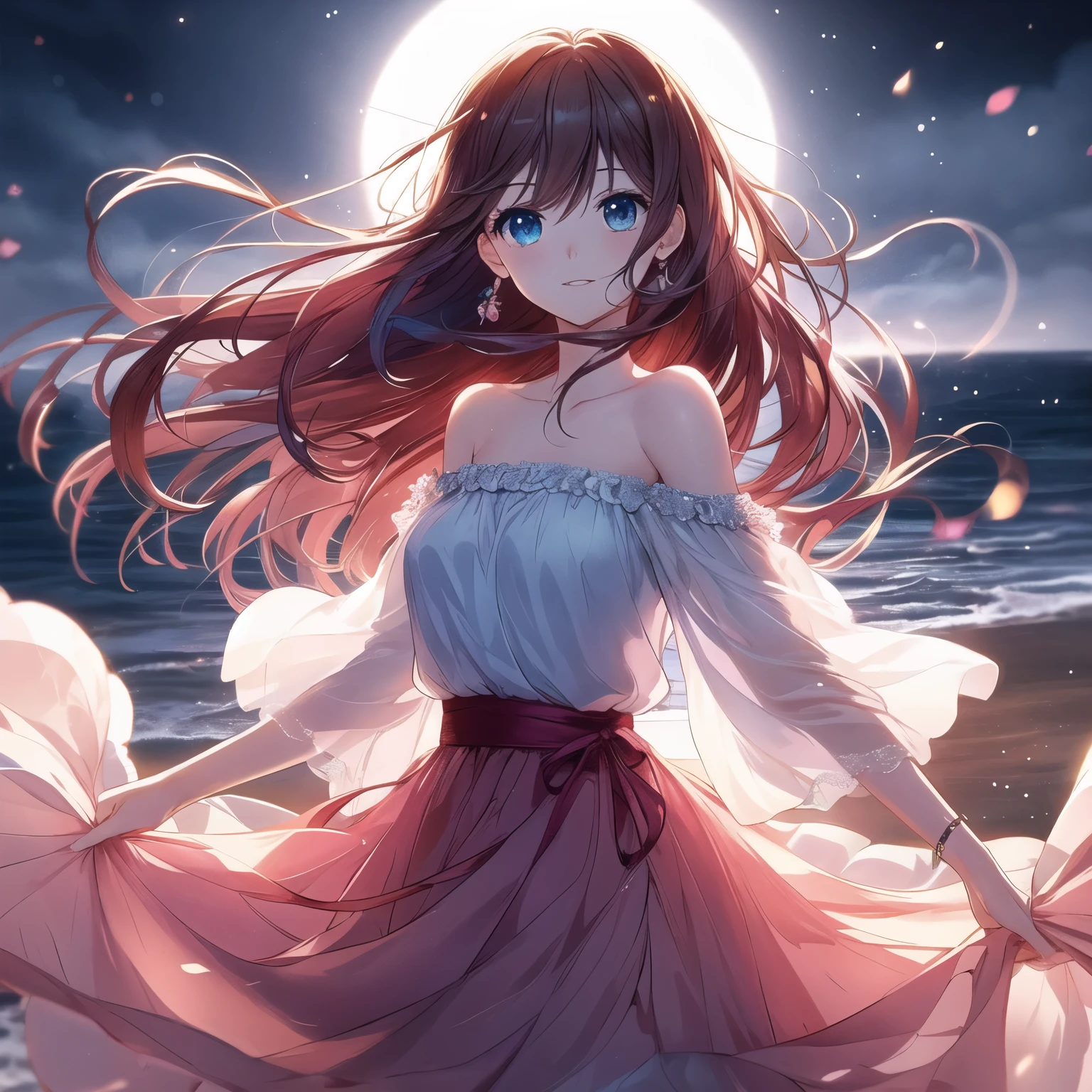 Anime girl wearing skirt on the beach，The background is a full moon, Beautiful anime, Beautiful anime girl, anime style 4k, 4kanime wallpaper, night nucleus, anime art wallpaper 8k, anime wallpaper, hd anime wallpaper, Cute anime waifu wearing beautiful clothes, Ethereal animation, anime wallpaper4k, anime wallpaper4K, Beautiful anime woman