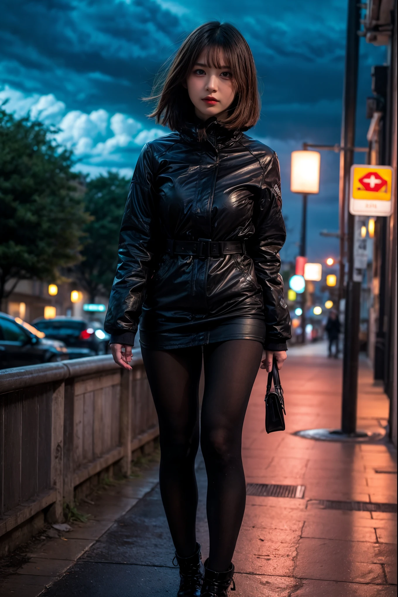 1 Japanese girl, warframe, complex pattern, heavy metal, energy line, faceless, shining eyes, elegant, intense, blood red and black uniform, bob cut hair、Alone, modern, city, street, dark clouds, thunderstorm, heavy rain,, dramatic lighting,, (masterpiece:1.2), highest quality, High resolution,   beautiful, very detailed, perfect lighting, kill、Infiltration、assassination、full body shot:1.14,
