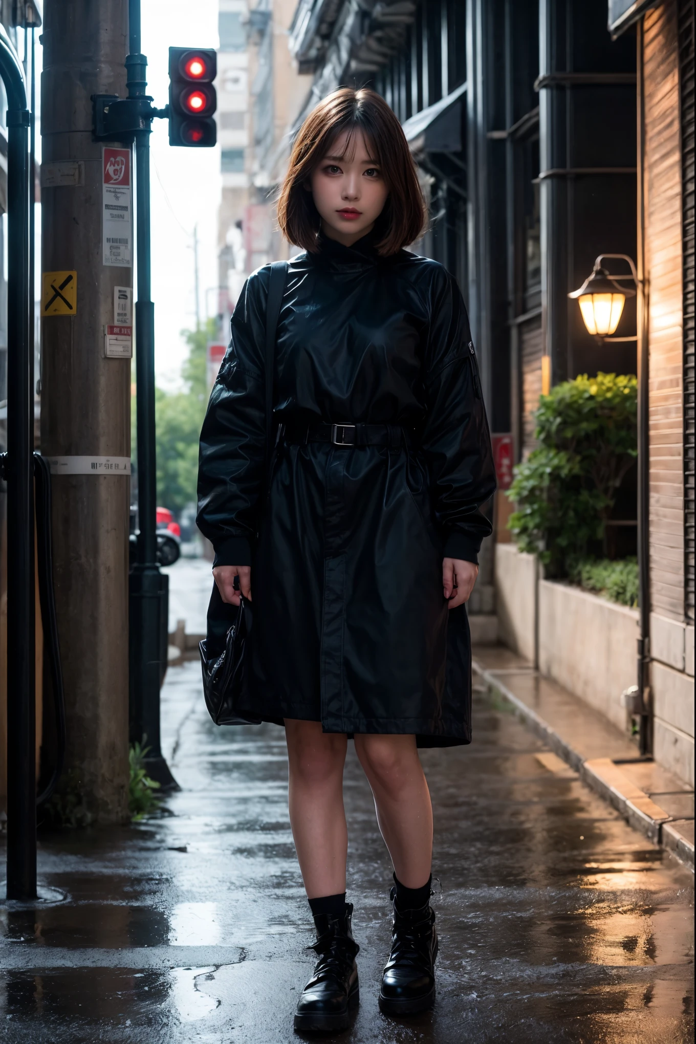 1 Japanese girl, warframe, complex pattern, heavy metal, energy line, faceless, shining eyes, elegant, intense, blood red and black uniform, bob cut hair、Alone, modern, city, street, dark clouds, thunderstorm, heavy rain,, dramatic lighting,, (masterpiece:1.2), highest quality, High resolution,   beautiful, very detailed, perfect lighting, kill、Infiltration、assassination、full body shot:1.14,