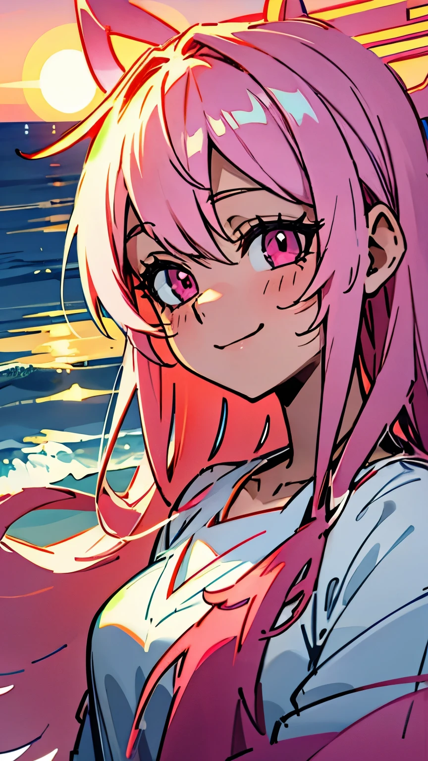 beach,seaside,Sunset,pink hair,pink eyes,Smile,white shirt