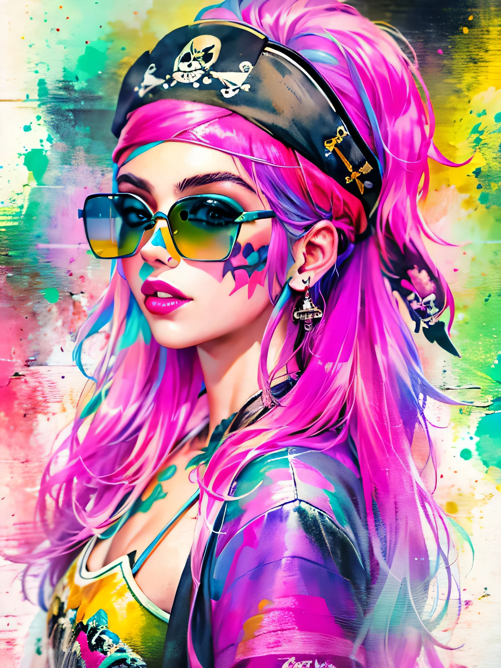 watercolor painting, 8K resolution、((highest quality))、((masterpiece))、((Super detailed))、1 female、alone、incredibly absurd、 (((The most beautiful pirate girl of all time))), (((Stylish sunglasses))), lips in love, white skin, pirate hat, skull fashion, neon、short cut hair、small breasts, (((graffiti art))), colorful hair, provocative