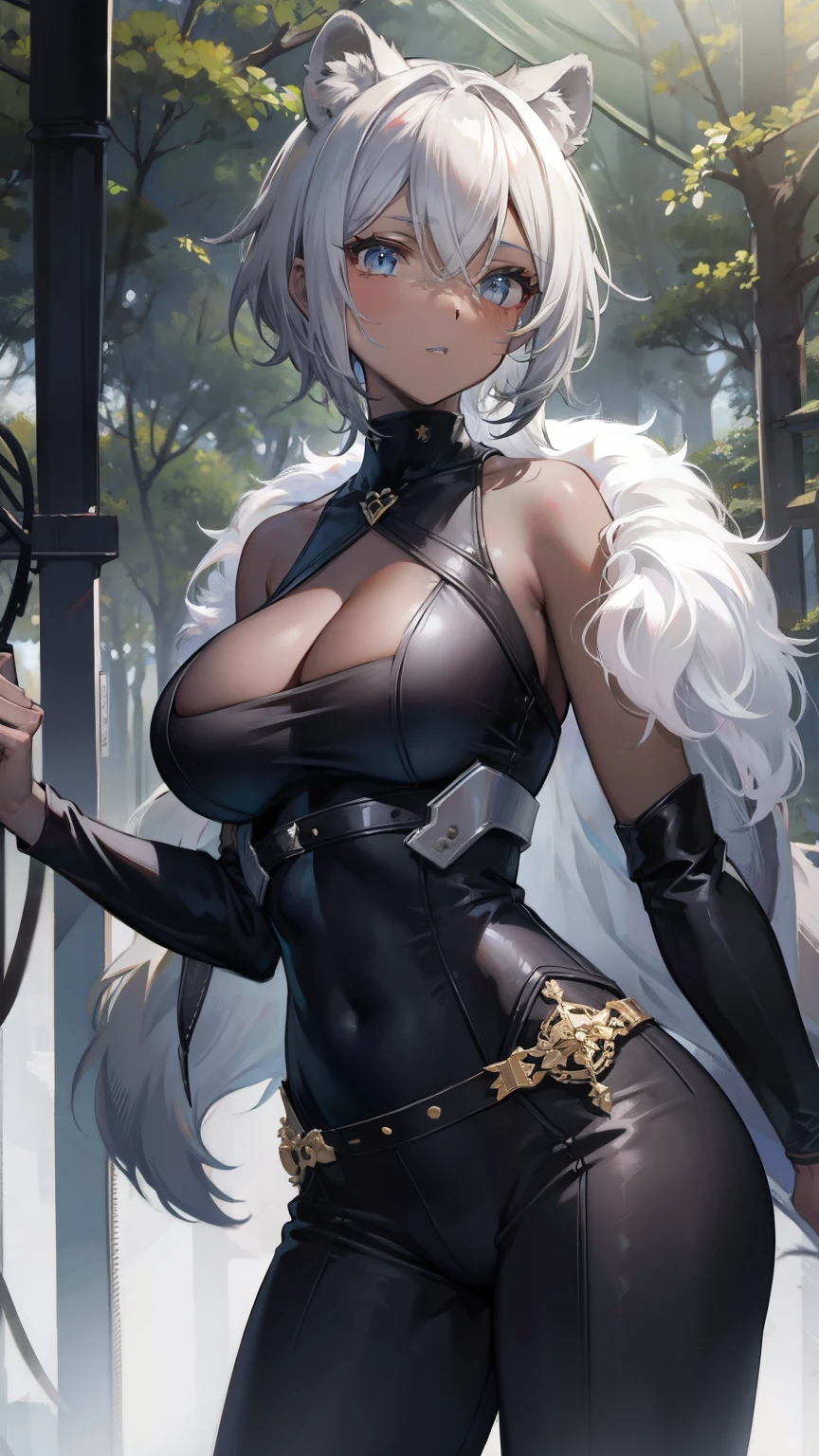 gray hair,best image quality,teenage girl,masterpiece,black skin,short hair,Lion ears,short hair,,,tits,shining face,dense forest,,slender,fur,,