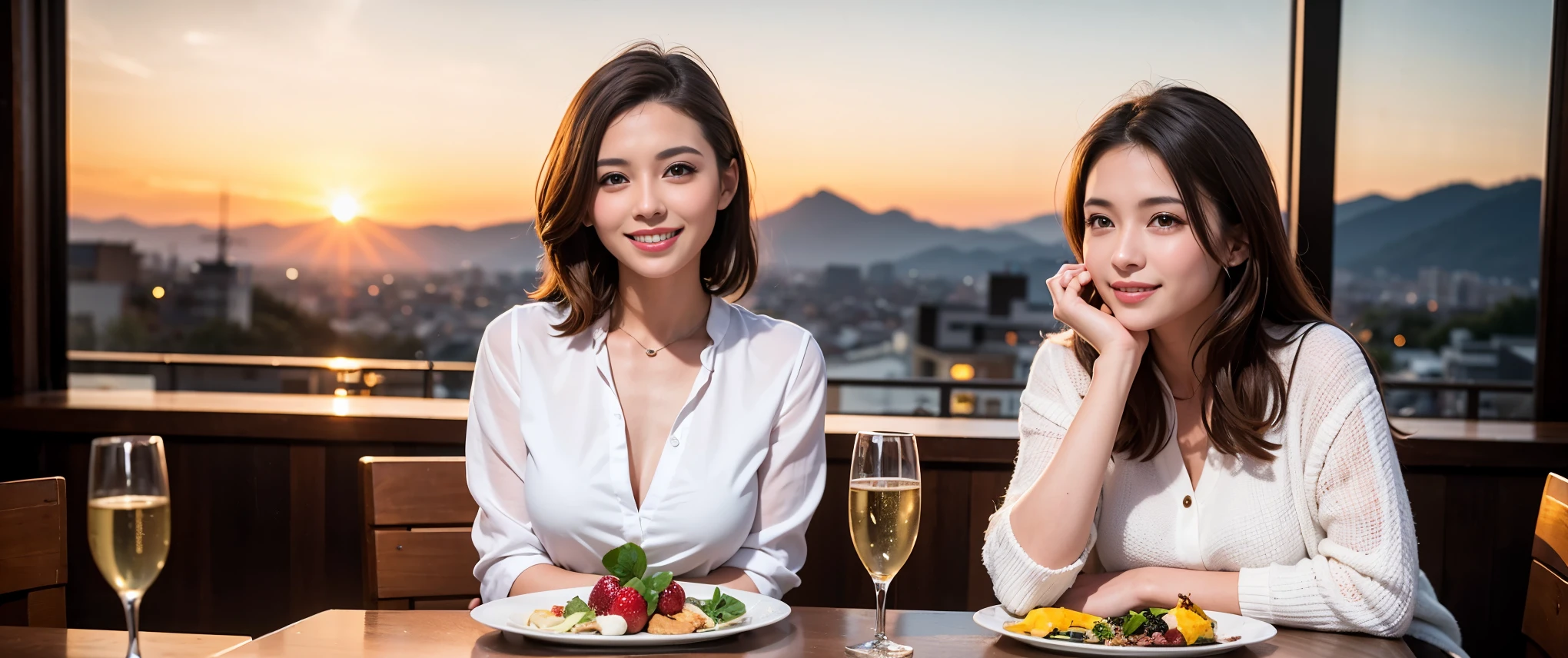 64k, Hmm, highest quality, masterpiece: 1.2), (realistic, photorealistic: 1.37), Spectacular view of the sunset sky and clouds、Amazing mountain views、3 slim beauties, (slim face),Happy、 the best smile、Fox face、Berry Short、(because I'thin), (brown hair), (shortcut), long sleeve shirt、winter fashion、Colombian、Brazilian、Japanese、Dutch、German、Portuguese、Belgian、Italian、French,Champagne、sparkling wine、 (gush out), (slim body), (brown hair), (shortcut), neat beauty、cheeks turn a little red, (35 years old), 38 years old, alone, A beautiful and detailed night view spreads out outside the window...., restaurant, wine glass is sitting, At night, in a prominent place (from the Upper body) nova frog style, actress, model, Upper body, White wine, slim, wine glass, Very beautiful night view, wine glass Put in the Middle, Happy smile, (smile: 1.15),