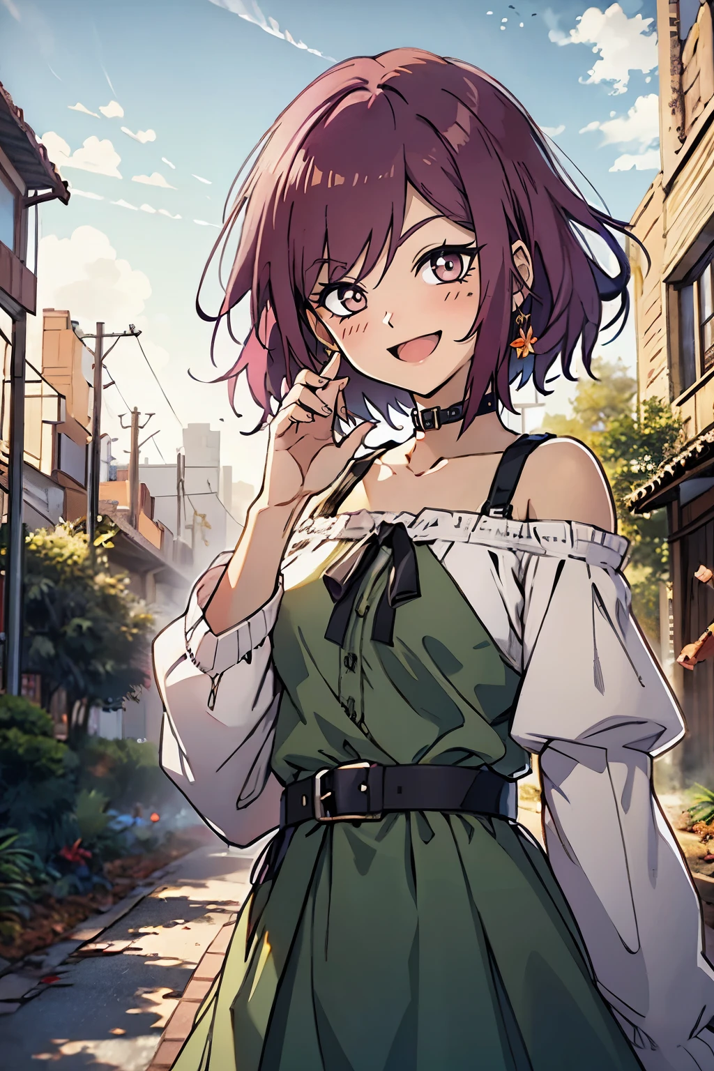 masutepiece, Best Quality, Ultra-detailed, Kisho, jigokuraku, 1 girl, reddish Purple hair, Gray eyes, showa town, Ruins, Bang, Beautiful sky, shining sky, Sunshine, Smiling, Waving, Black Belt, black choker, black ribbon, Dresses that blow the wind, green dress, lace dress, wool sweaters, Off-shoulder sleeves