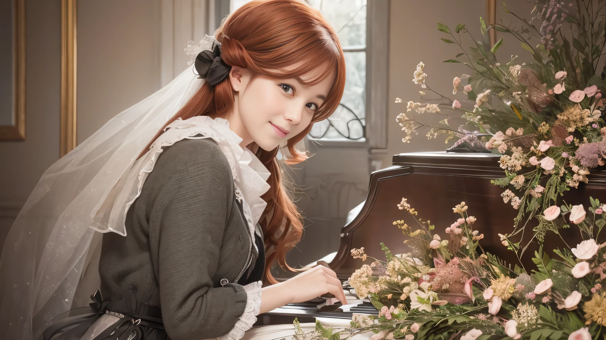 Victorian-era illustrations, a redhead monkey (age 26, smiling) with expressive eyes at the piano, elegant, aesthetically pleasing, filigree, watercolor, trending on artstation, sharp focus, studio photo, intricate details, highly detailed