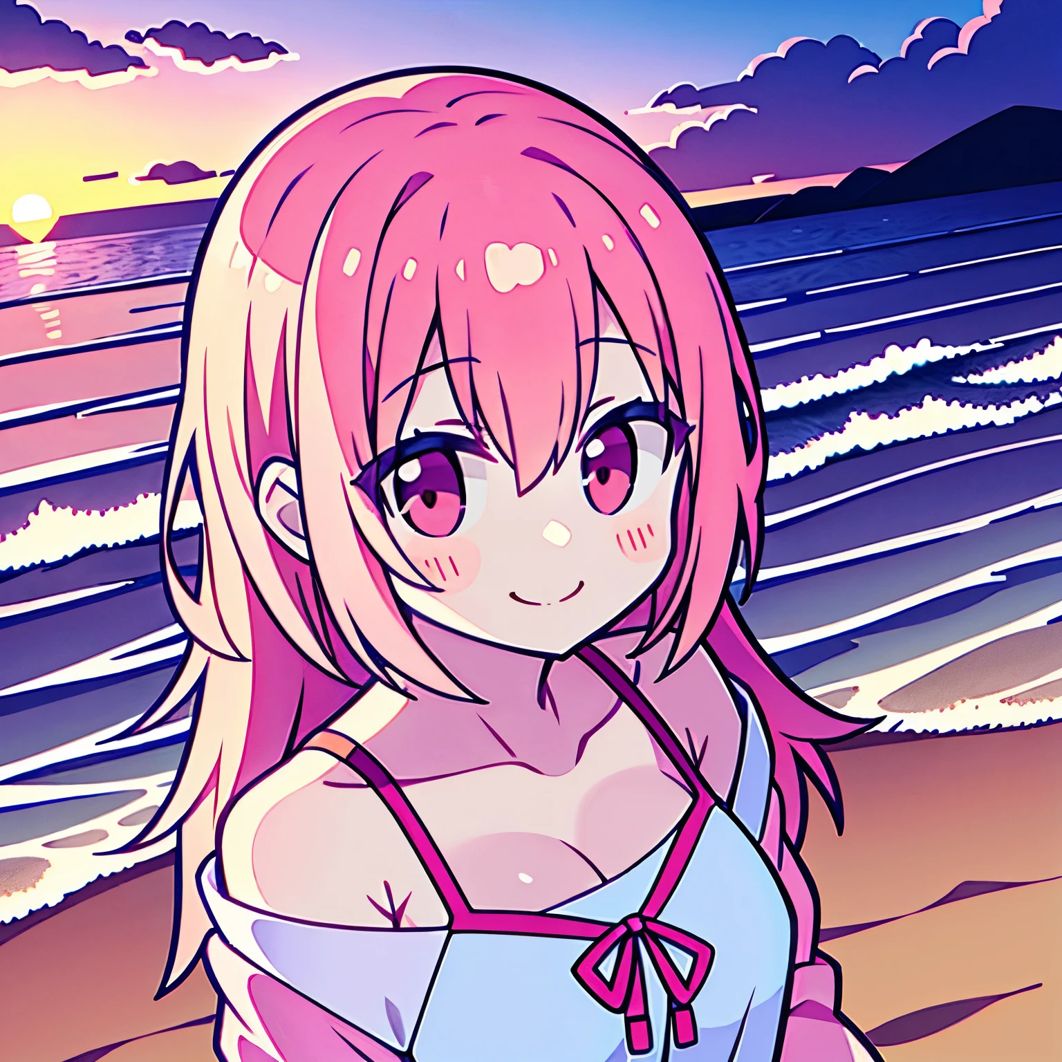 beach,seaside,Sunset,pink hair,pink eyes,Smile,white shirt