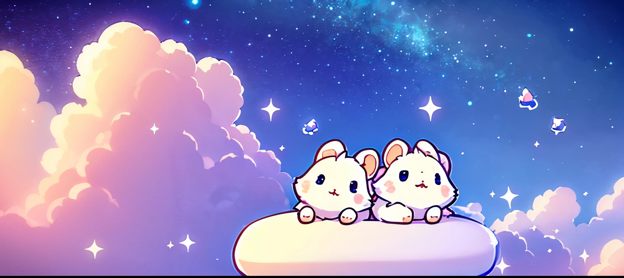 A white hamster is lying on an empty bed, cute digital art, cute eyes of dream animals, A fairyland lying on the white clouds,Are sleeping, dreamy night, cute detailed digital art, sky, Sweet dreams, adorable digital paintings, profile photo,, beautiful and cute, hd wallpaper, nice and cute