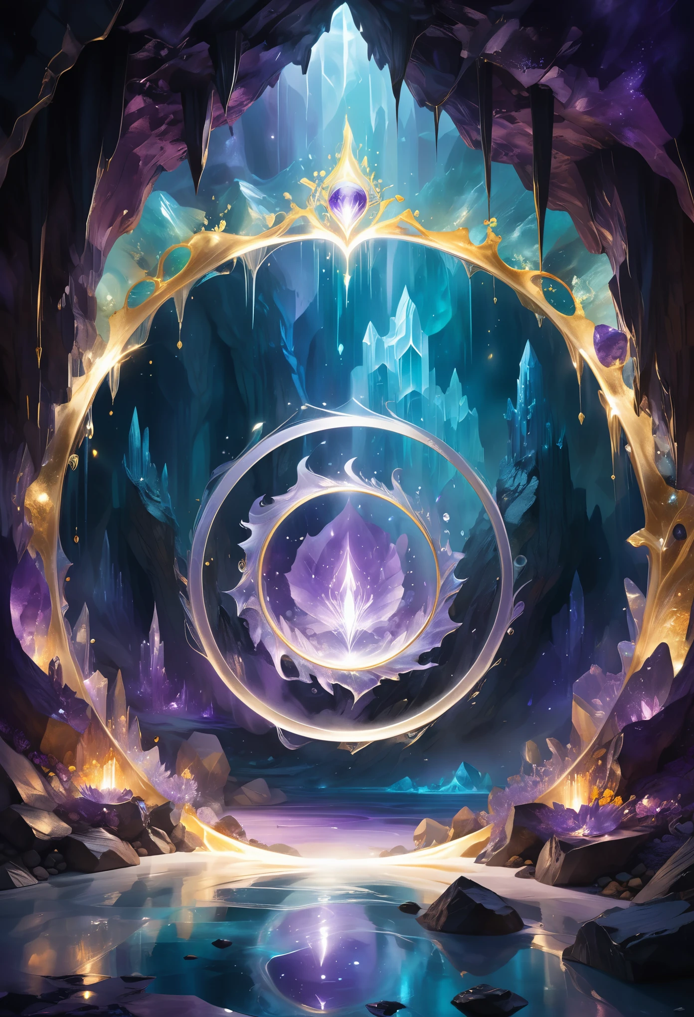 In a realistic and detailed depiction, illustrate a magic circle in the heart of a crystal cave, serving as a portal to another mystical realm. The crystal walls shimmer with an ethereal glow, refracting shards of light onto the surrounding cavern floor. The circle's edge pulses gently, glowing with an otherworldly energy, beckoning those brave enough to step through. The energies within the circle swirl and dance, blending hues of violet, teal, and gold, creating a mesmerizing scene.
