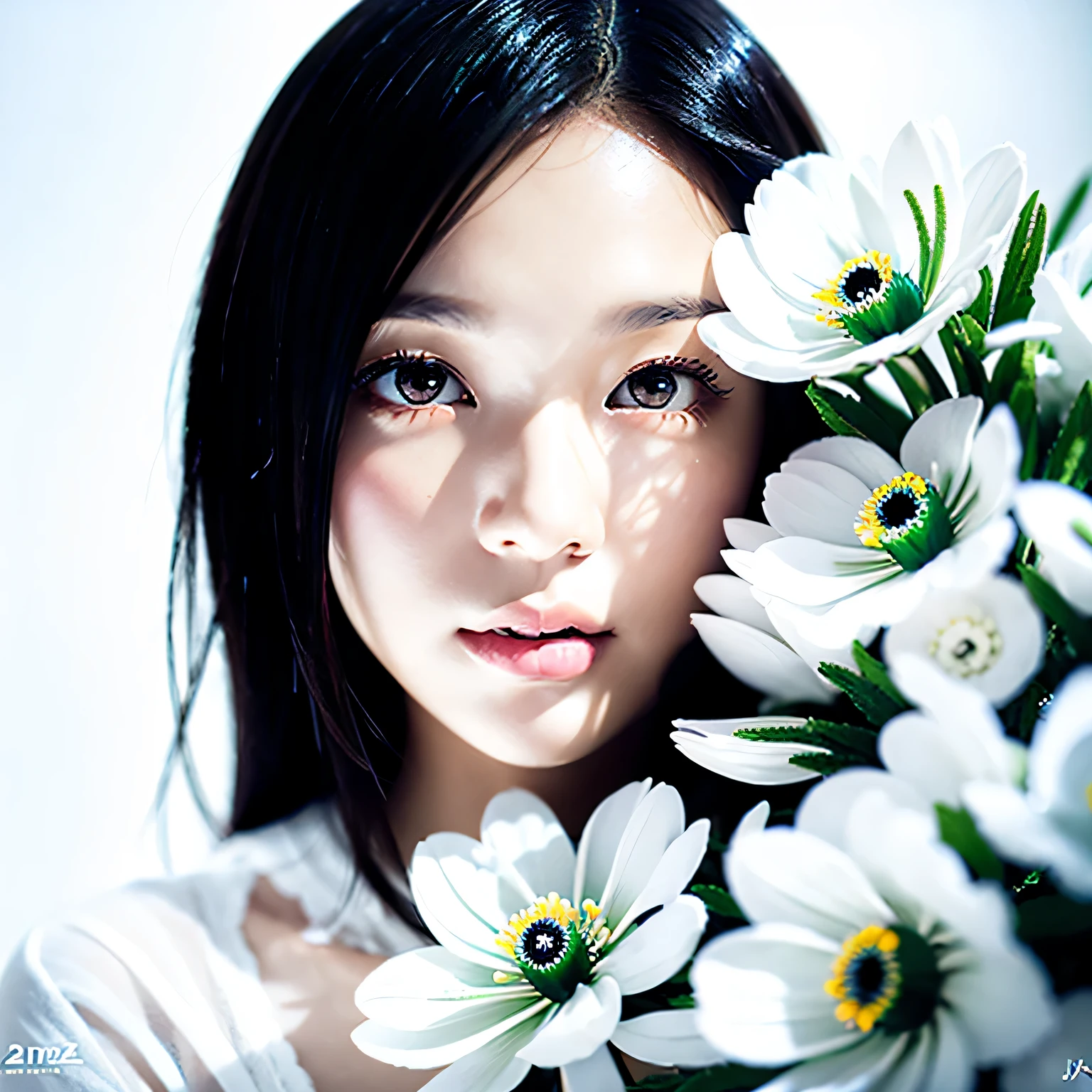 Fog Filter, portrait, very detailed, white background, black and white portrait, beautiful japanese woman, soft light, Countless anemone flowers covering a woman&#39;s face, 白い服 --stylize 250 --niji 6 --ar 2:3