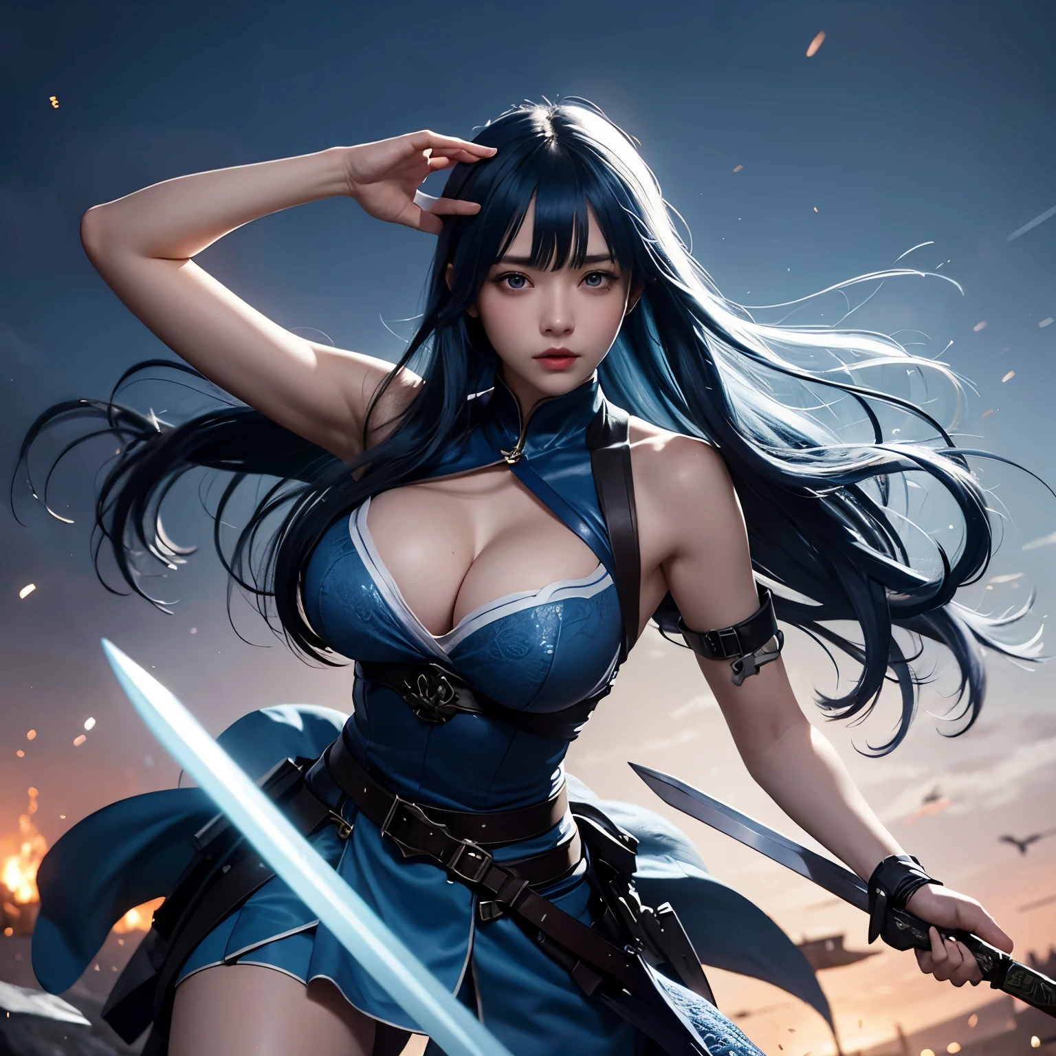 high resolution、blue hair、Eyes are hidden by bangs、big breasts、Girl Swordsman、girl fighting with a sword、(Background Battlefield)