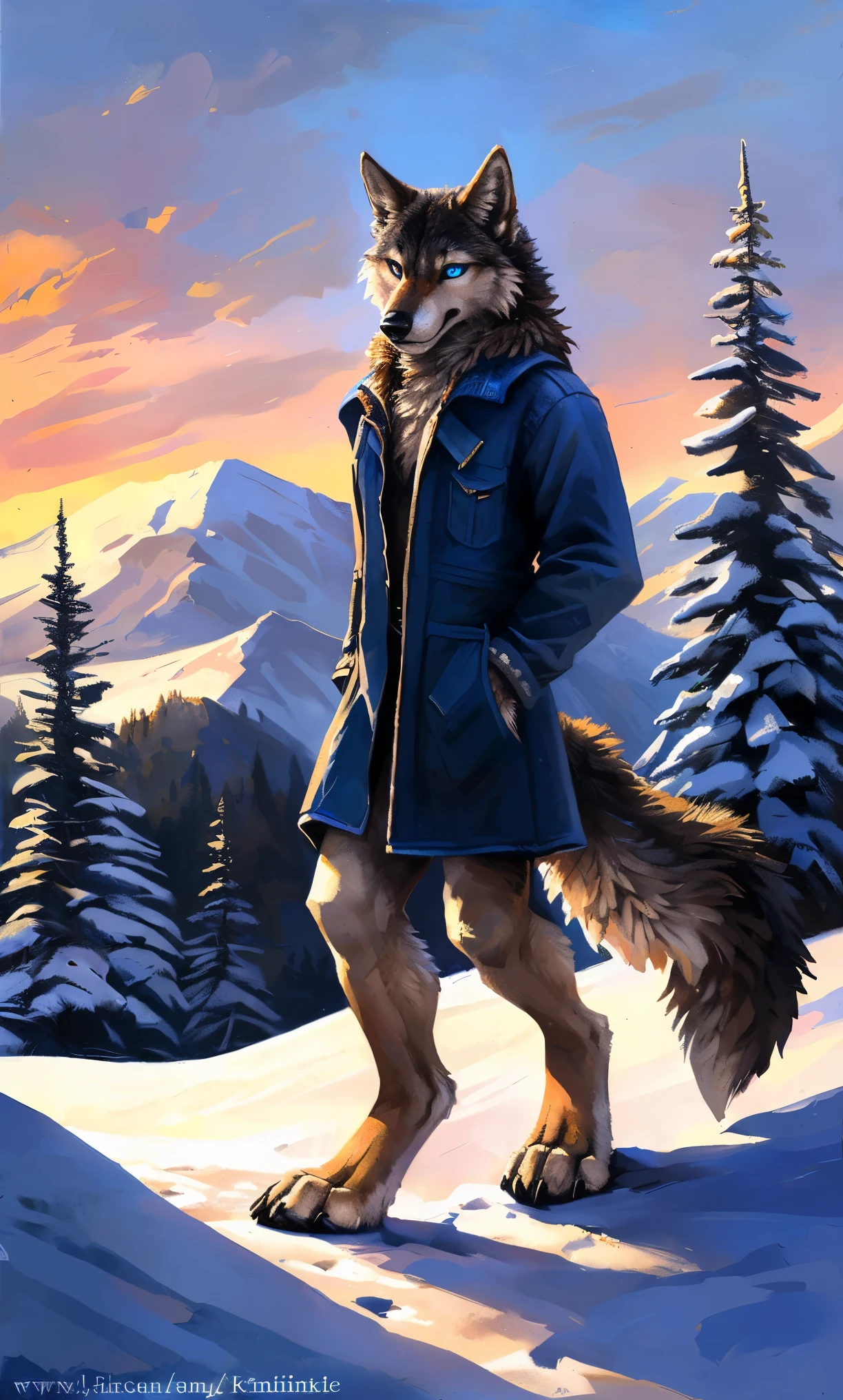 ((Solo)), male people, anthro wolf, (Multi-colored fur, White-brown:1.3,White tail pointed), (Height 2.1m,Tail length 1.2m), ((Wolf face, Big eyes, White eyelids, Blue pupil, Slim:1.2) (Tough, Calm expression:1.2)), Slim, pinging)), (Correct anatomy), (Winter clothing:1.1), The upper body naked, (detailed outfits),A long big tail,Feet,(Realistic fur, Detailed fur texture, labeled:1.3)), (Natural lighting), Photorealistic, Hyperrealistic, ultradetailed, by Kenket,Snowfield,erect through,Running on