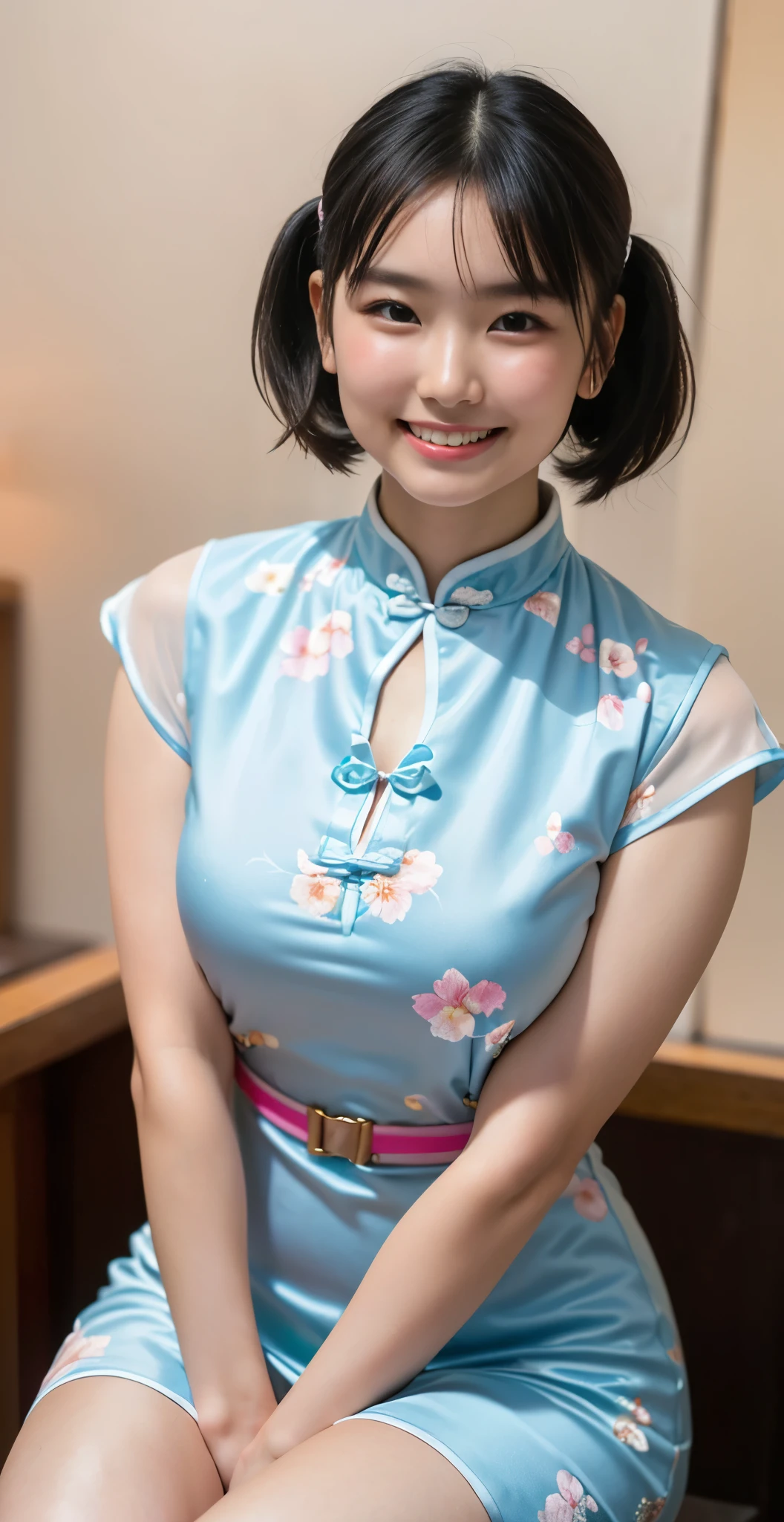 （8k、Raw photography、highest quality、masterpiece：1.2),(black haired、very short hair:1.8),(short twin tails:1.4)、show viewer,Looking at the front,erotic,white skin,(Wearing a brightly colored Chinese dress with a floral pattern:1.7)、()、(Clothing that emphasizes the shape of your chest、publish one&#39;skin of:1.8)、(big breasts :1.4)、slim body shape、ultra high resolution,beautiful,beautiful fece,(alone、no background:1.9),whole bodyボディー,japanese woman,（Photoreal：1.37）、photon mapping,reality、(****-***** and cute: 1.0)、(cute smile: 1.7)、(With a round face: 1.7)、radio city、Physically based rendering、depth of field rally background、photograph, (I can see your knees,close up of thighs:1.5),whole body、super fine