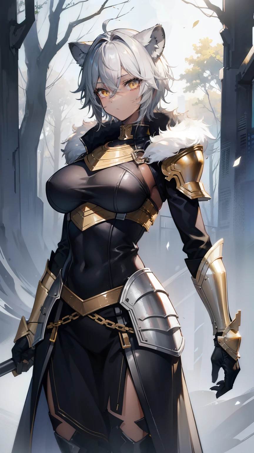 ((1 Mother, big black hair, with ponytail, although she is dressed very differently than you are used to)),((she wears a long fur cape, and her neck and arms are covered in fur) ),((with her enormous breasts almost spilling out)),((green leather lining this is pathetically the only covered part of her that is covered)),((since her breasts and genitals are only completed by a few curved pieces of armor that doesn't leave much to the imagination and see the areolas showing and a strand of pubic hair)),with a slight smile