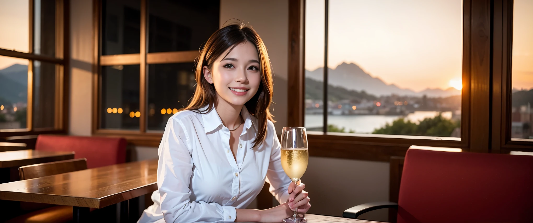 64k, Hmm, highest quality, masterpiece: 1.2), (realistic, photorealistic: 1.37), Spectacular view of the sunset sky and clouds、Amazing mountain views、3 slim beauties, (slim face),Happy、 the best smile、Fox face、Berry Short、(because I'thin), (brown hair), (shortcut), long sleeve shirt、winter fashion、Colombian、Brazilian、Japanese、Dutch、German、Portuguese、Belgian、Italian、French,Champagne、sparkling wine、 (gush out), (slim body), (brown hair), (shortcut), neat beauty、cheeks turn a little red, (35 years old), 38 years old, alone, A beautiful and detailed night view spreads out outside the window...., restaurant, wine glass is sitting, At night, in a prominent place (from the Upper body) nova frog style, actress, model, Upper body, White wine, slim, wine glass, Very beautiful night view, wine glass Put in the Middle, Happy smile, (smile: 1.15),
