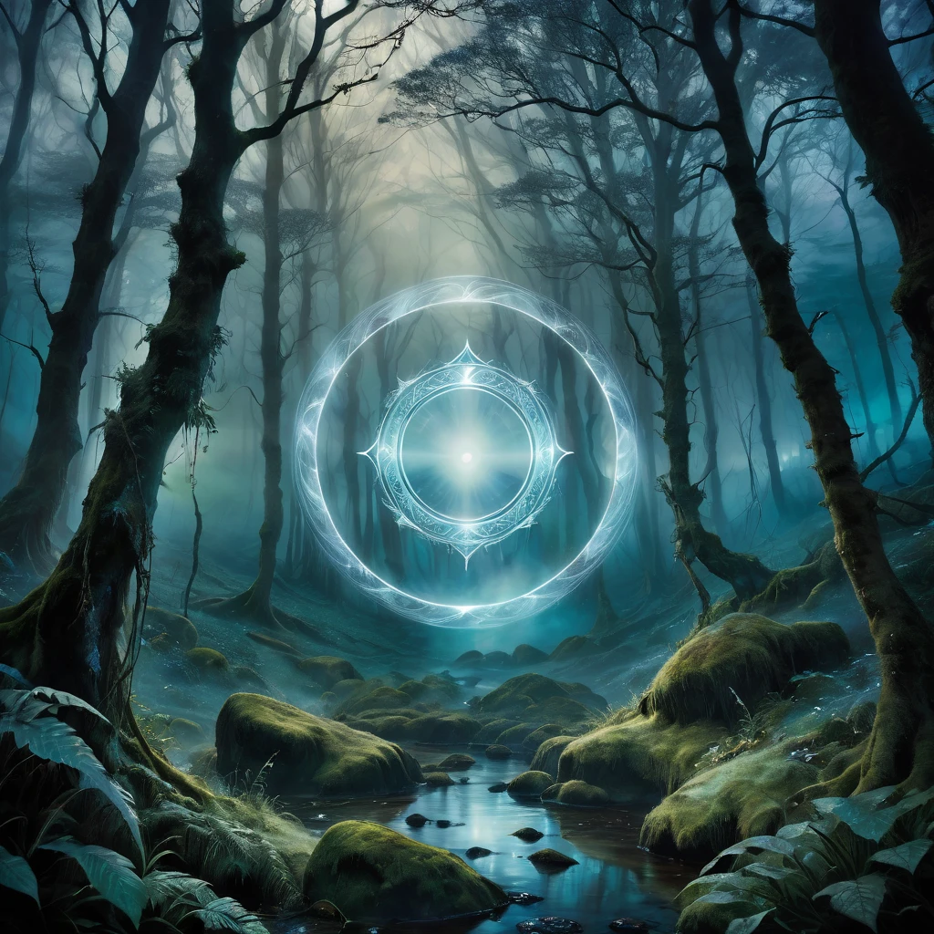 (Magic Circle:1.5), aesthetic, extremely detailed, Fantastic, Illustration, mid shot, Magic Circle, intrigued, (mystical energies:1.2) swirling within, ancient stone circle, misty forest, soft glow, two tone lighting, dim light, fantasy, contrast, watercolors, fairycore, dreamcore, Adi Granov, Brian Froud, John Jude Palencar.