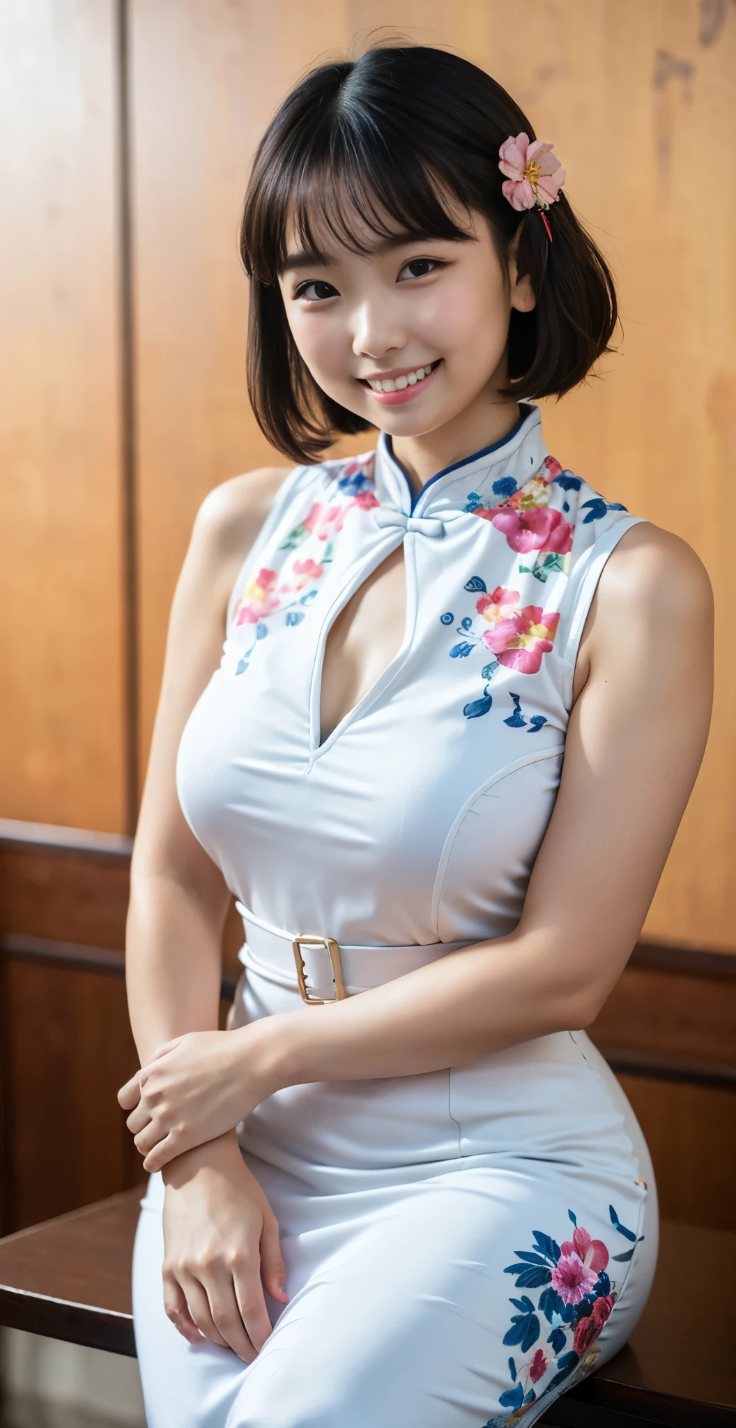 (8k、Raw photography、highest quality、masterpiece:1.2),(black haired、very short hair:1.8),(short twin tails:1.4)、show viewer,Looking at the front,erotic,white skin,(Wearing a brightly colored Chinese dress with a floral pattern:1.7)、()、(Clothing that emphasizes the shape of your chest、publish one'skin of:1.8)、(big breasts :1.4)、slim body shape、ultra high resolution,beautiful,beautiful fece,(alone、no background:1.9),whole bodyボディー,japanese woman,(Photoreal:1.37)、photon mapping,reality、(Baby-faced and cute: 1.0)、(cute smile: 1.7)、(With a round face: 1.7)、radio city、Physically based rendering、depth of field rally background、photograph, (I can see your knees,close up of thighs:1.5),whole body、super fine