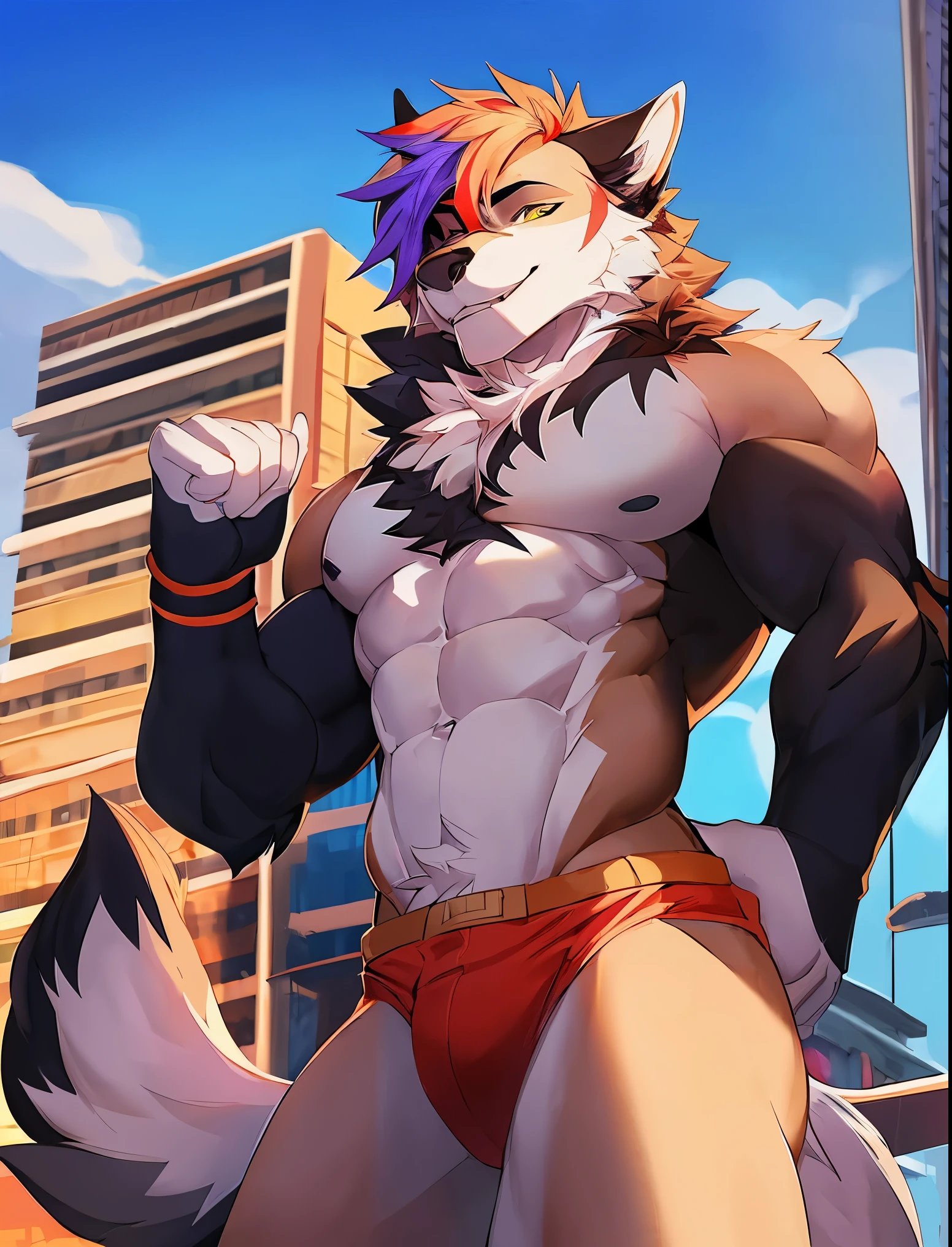 ((Solo)), male people, anthro wolf, (Multi-colored fur, White tail pointed), (Height 3meters,Tail length 2meters), Abs, pinginuscular, A long big tail, by patto, modern city