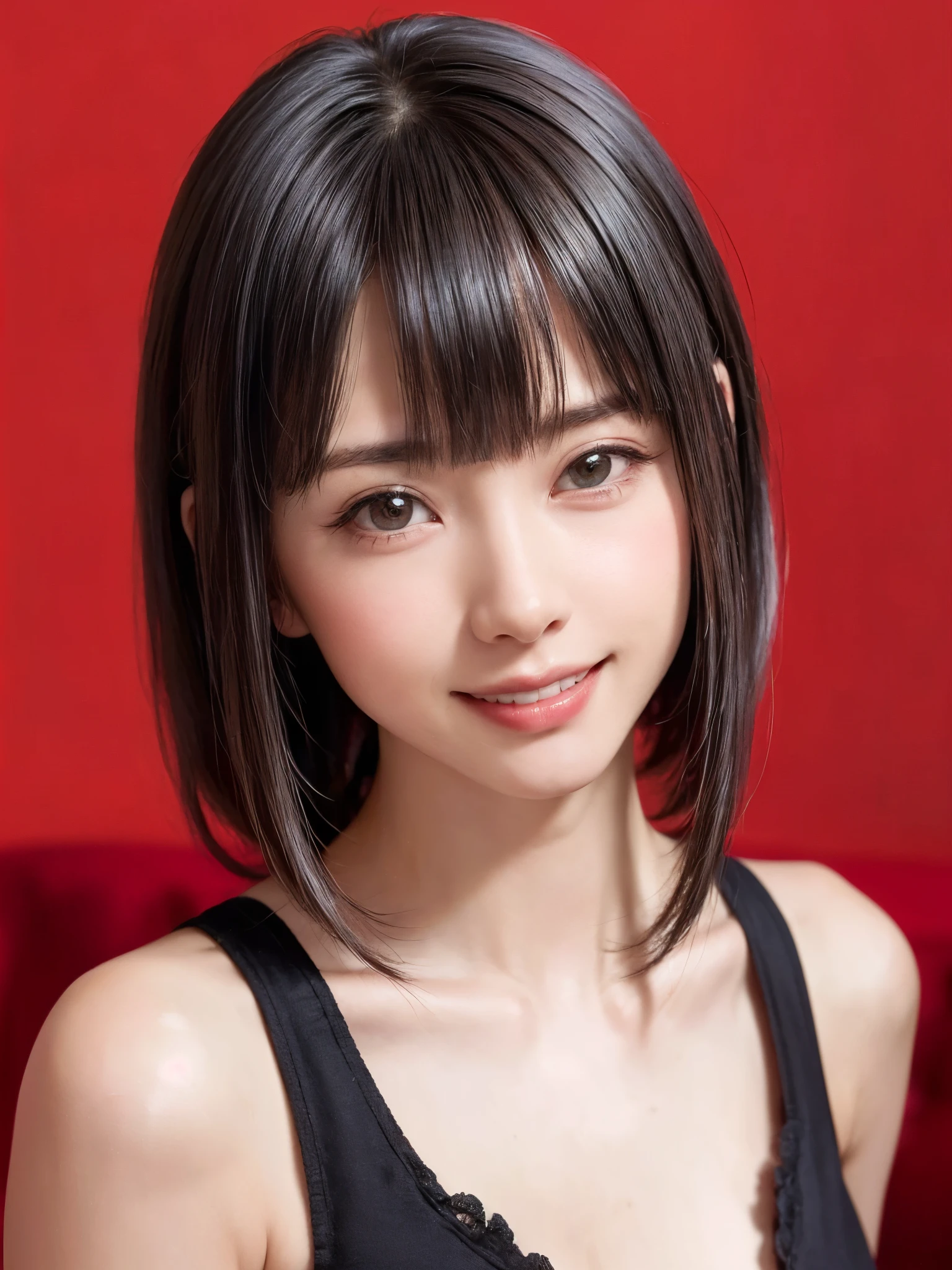 (table top, highest quality、ultra high resolution、face focus focus、focus on the sides、navel focus、decolletage focus、very attractive beauty、Adds intense highlights to the eyes、look closely at the camera:1.4、Absolutely beautiful bangs:1.4、Brunette short bob hair with bangs:1.4),1 girl, Report, black haired, realistic, looking at the viewer, pale black eyes, short hair, lips, lip gloss, Upper body、Big eyes、eyelash)、((italian natural background、hyper real stick:1.4))、((short hair with bangs:1.4、Beautiful bangs with 46 points:1.4、{Huge|big|Hugeな|mega} chest:2, cleavage:2、Big eyes、Give students very powerful highlights、very bigger chest、look at the audience、very beautiful beauty、show me your ears、beautiful long neck、beautiful decollete、smile、A smilee　beautiful teeth、Open your mouth and smilee))、28 years old、very cute super model、perfect anatomy