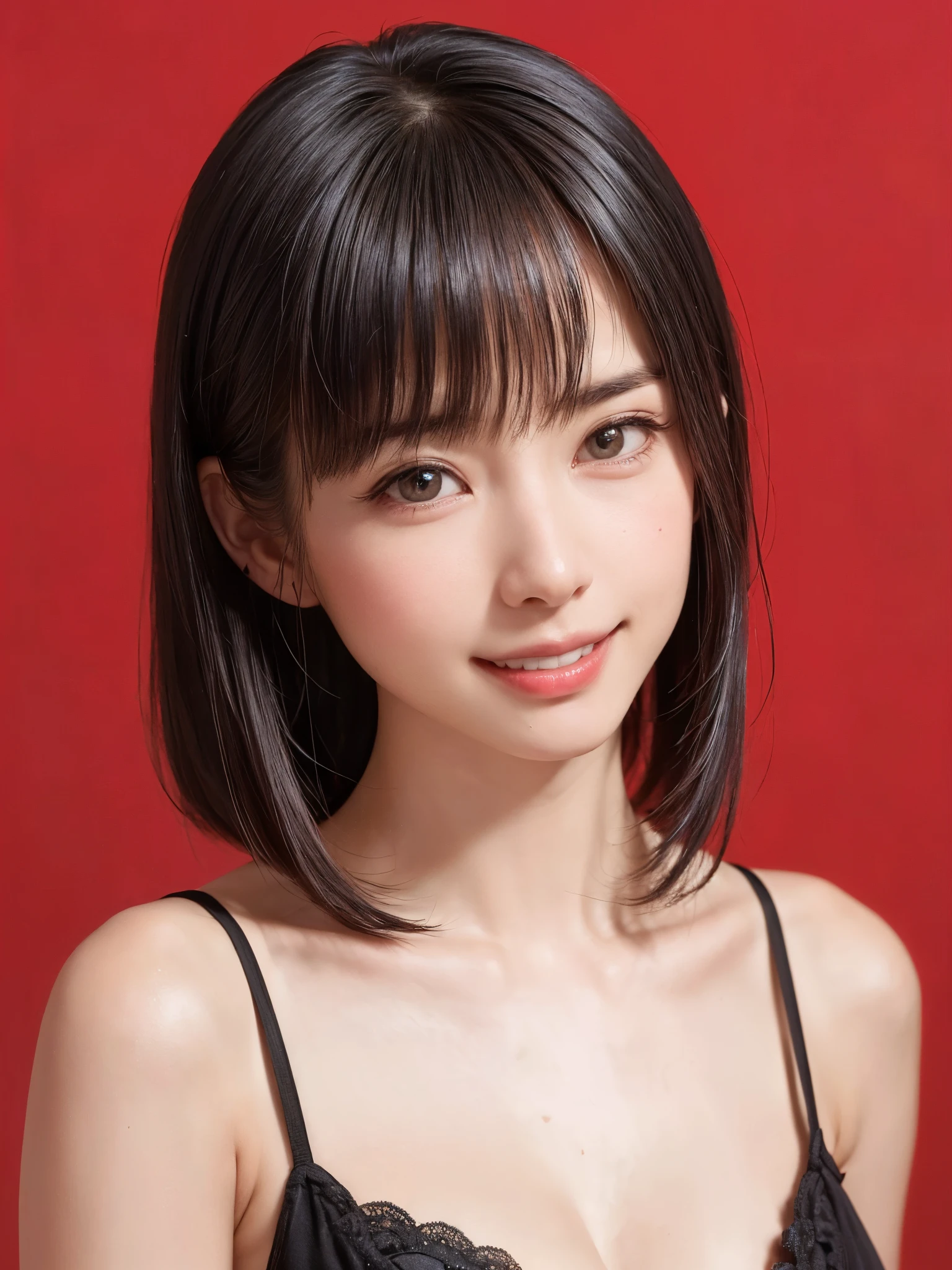 (table top, highest quality、ultra high resolution、face focus focus、focus on the sides、navel focus、decolletage focus、very attractive beauty、Adds intense highlights to the eyes、look closely at the camera:1.4、Absolutely beautiful bangs:1.4、Brunette short bob hair with bangs:1.4),1 girl, Report, black haired, realistic, looking at the viewer, pale black eyes, short hair, lips, lip gloss, Upper body、Big eyes、eyelash)、((italian natural background、hyper real stick:1.4))、((short hair with bangs:1.4、Beautiful bangs with 46 points:1.4、{Huge|big|Hugeな|mega} chest:2, cleavage:2、Big eyes、Give students very powerful highlights、very bigger chest、look at the audience、very beautiful beauty、show me your ears、beautiful long neck、beautiful decollete、smile、A smilee　beautiful teeth、Open your mouth and smilee))、28 years old、very cute super model、perfect anatomy