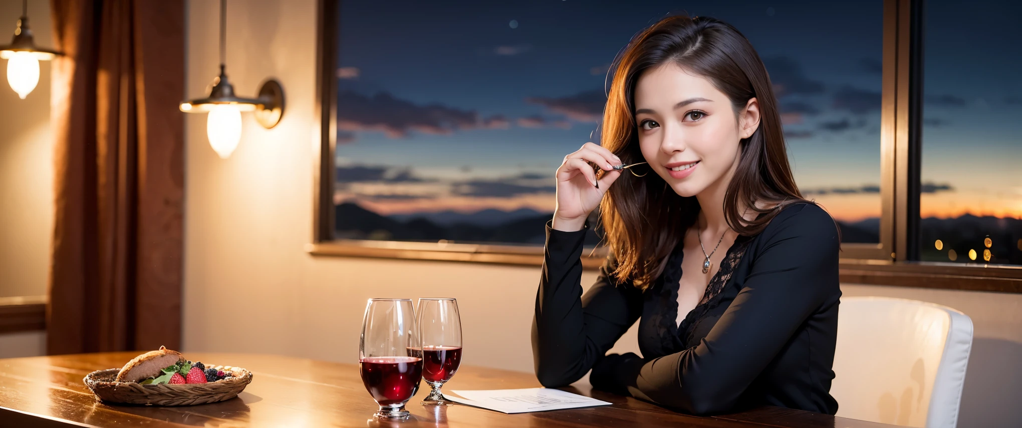 64k, Hmm, highest quality, masterpiece: 1.2), (realistic, photorealistic: 1.37), Spectacular view of the sunset sky and clouds、Amazing mountain views、3 slim beauties, (slim face),Happy、 the best smile、Fox face、Berry Short、(because I'thin), (brown hair), (shortcut), long sleeve shirt、winter fashion、Colombian、Brazilian、Japanese、Dutch、German、Portuguese、Belgian、Italian、French,Champagne、sparkling wine、 (gush out), (slim body), (brown hair), (shortcut), neat beauty、cheeks turn a little red, (35 years old), 38 years old, alone, A beautiful and detailed night view spreads out outside the window...., restaurant, wine glass is sitting, At night, in a prominent place (from the Upper body) nova frog style, actress, model, Upper body, White wine, slim, wine glass, Very beautiful night view, wine glass Put in the Middle, Happy smile, (smile: 1.15),