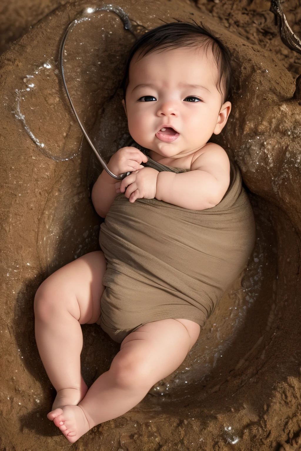 (8k, best quality, masterpiece:1.2), (realistic, photo-realistic:1.37), ultra-detailed, dry ground, a newborn baby lies on the ground, the umbilical cord forming a unique shape, water cascades down along the curves of the umbilical cord, creating a mesmerizing sight.