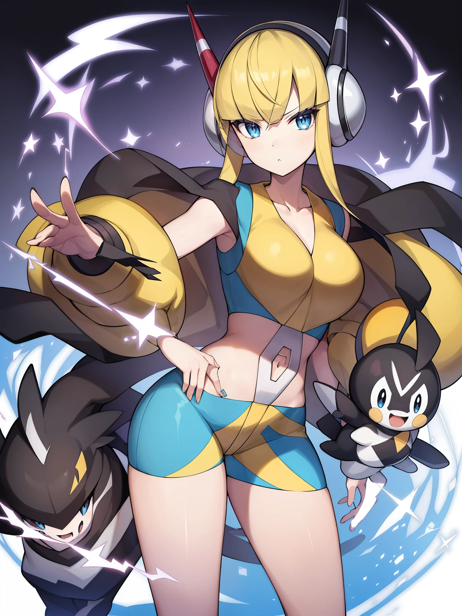 Pokémon、『Pokemon Black and White』、chamomile、charismatic model、Supermodel、Electric type Pokemon trainer、big tits milf、big tits milf、big tits milf、The hairstyle is short blonde hair with crisp bangs.。赤and青のプラグが付いたヘッドホン（Is the motif a magnet?）The long cord hanging from the top creates a twintail-like silhouette.。衣装の配色は主に黄色and黒。部分的に肌が露出したノースリーブの服に黒いタイツandピンヒール「shining beauty」、I like puns、「bolt badge」and「bolt change」、「May you continue to be a person who makes those around you shine.」My hair went from blonde to black、The hair on the sides is grown long