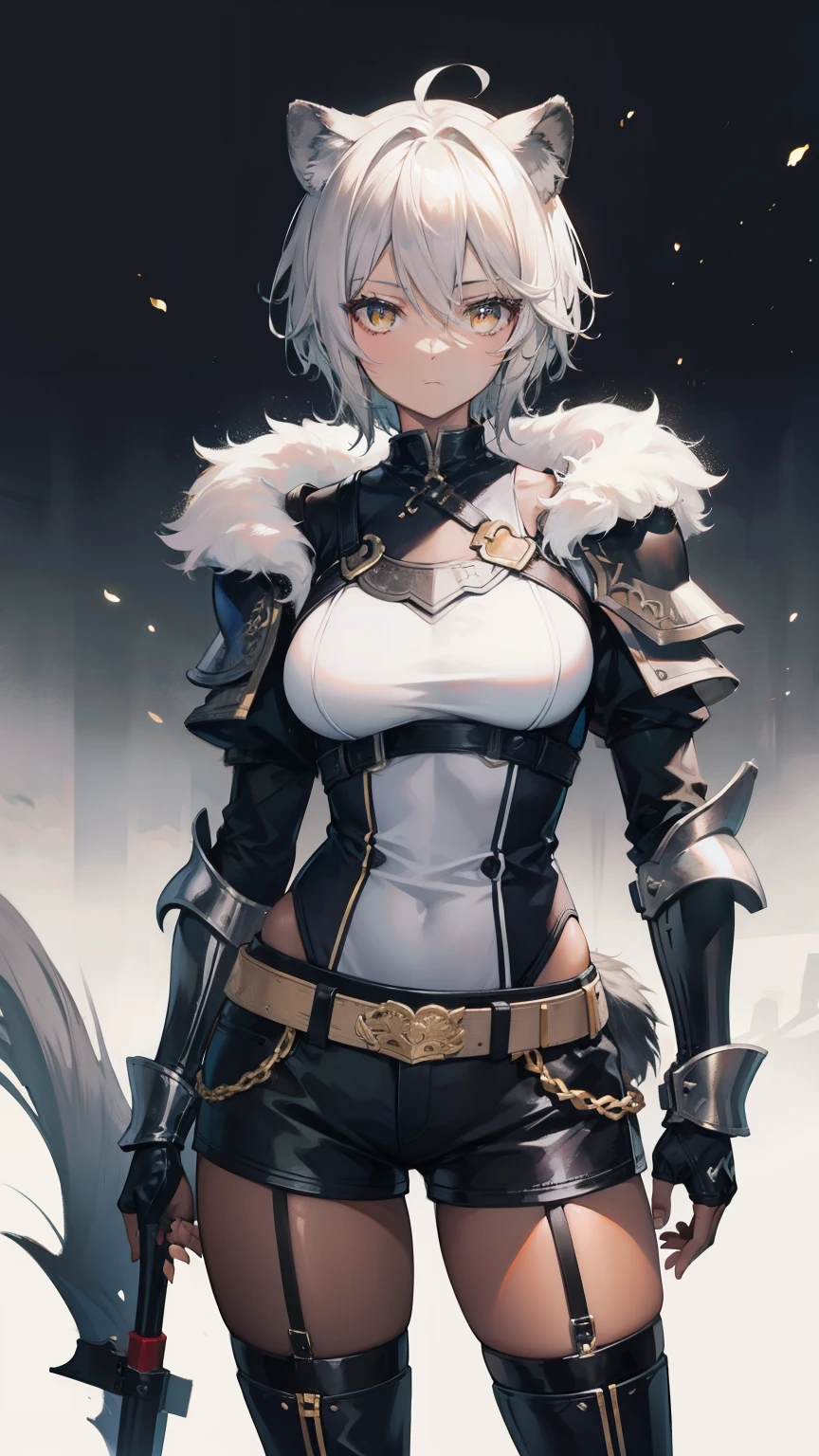 gray hair,best image quality,age girl,masterpiece,black skin,short hair,Lion ears,short hair,golden eyes,,tits,shining face,dense forest,,slender,fur,leather armor,shorts