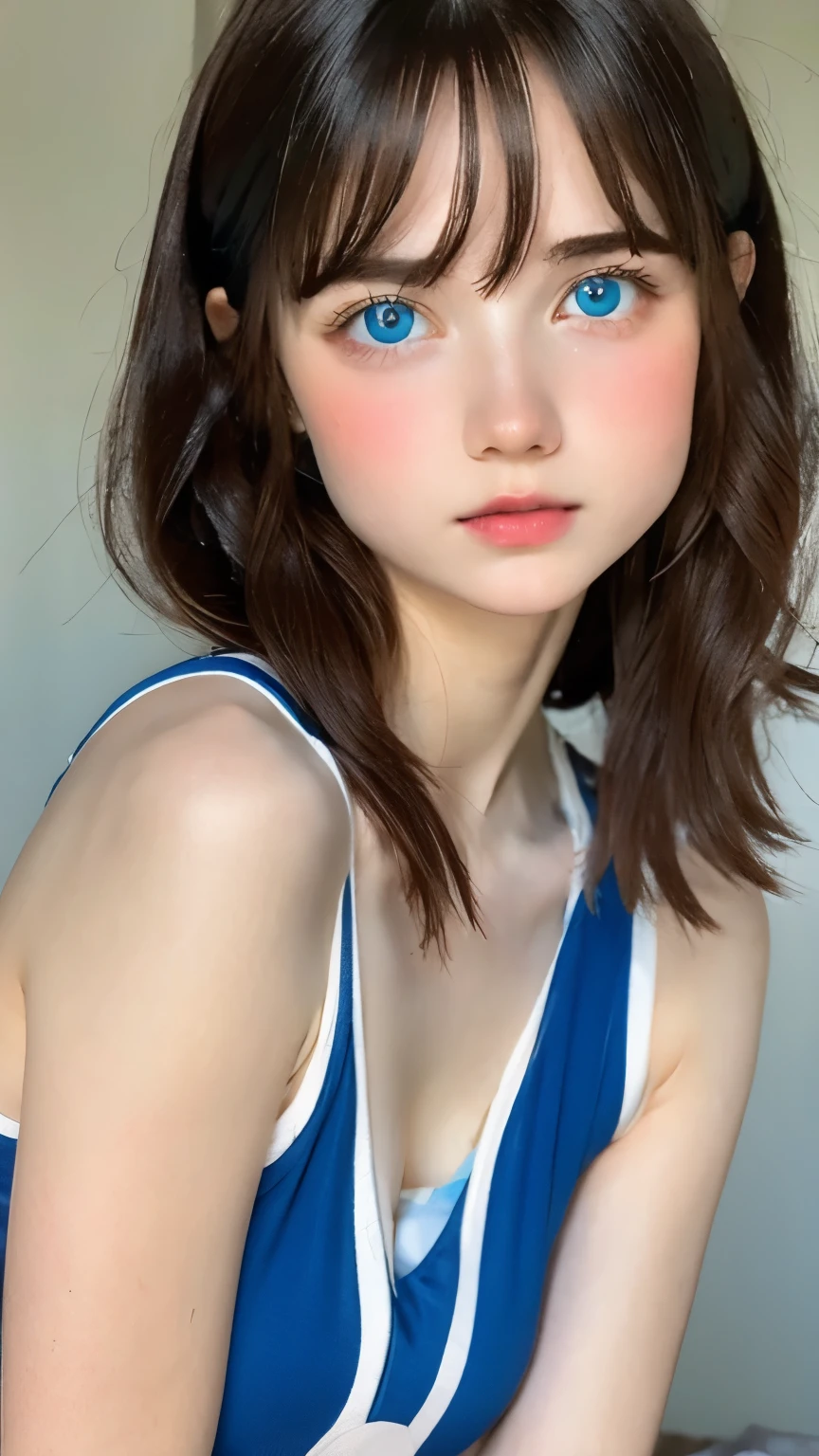 looking at the viewer, cinematic lighting, perfection, soft light, high resolution skins:1.2, realistic skin texture, ************、small face、No makeup、off shoulder,bust B cup、 exposed cleavage, blue eyes, short hair, dark brown hair、leggings、good for sports、full nude、gray background