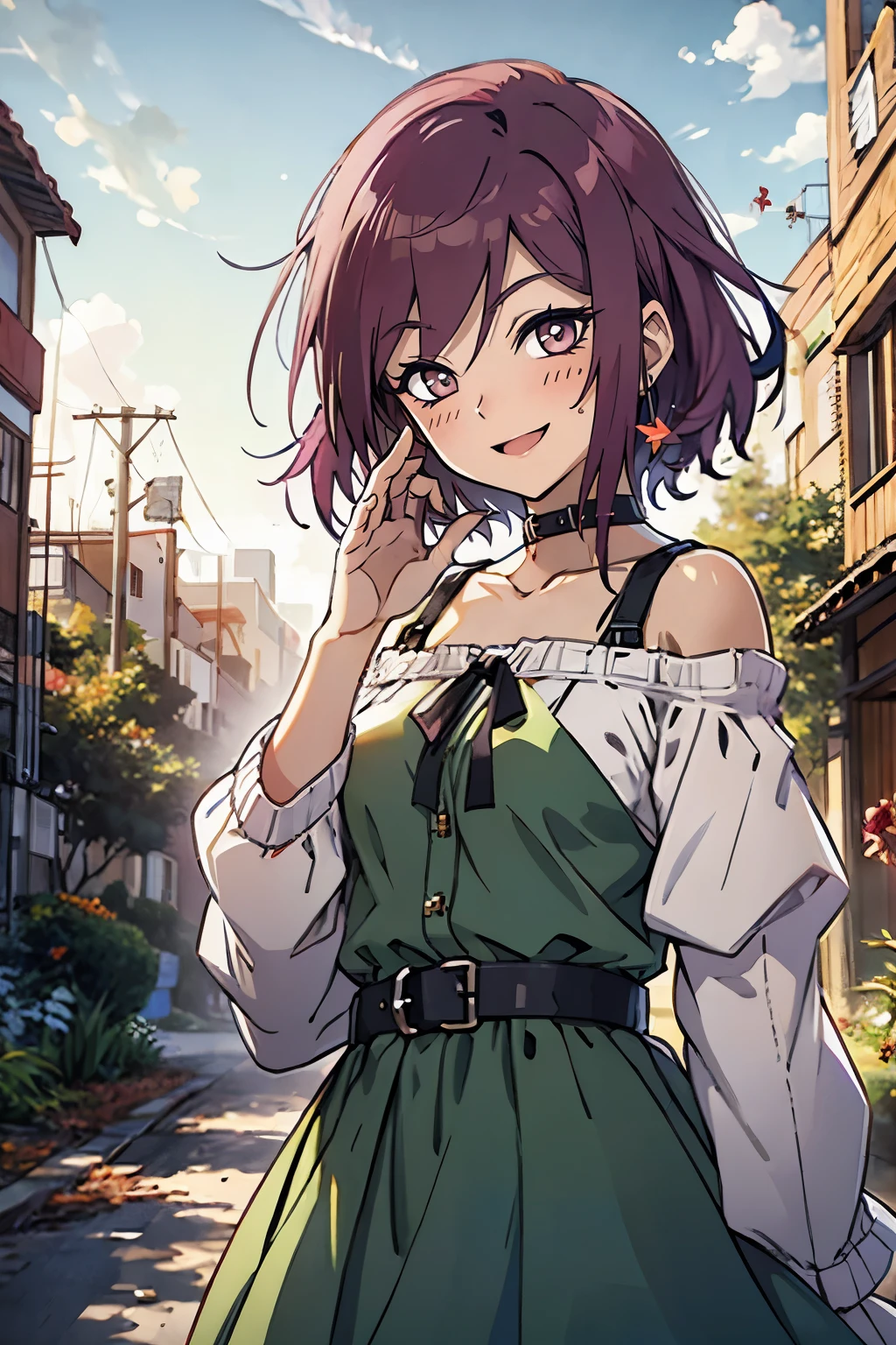 masutepiece, Best Quality, Ultra-detailed, Kisho, jigokuraku, 1 girl, reddish Purple hair, Gray eyes, showa town, Ruins, Bang, Beautiful sky, shining sky, Sunshine, Smiling, Waving, Black Belt, black choker, black ribbon, Dresses that blow the wind, green dress, lace dress, wool sweaters, Off-shoulder sleeves