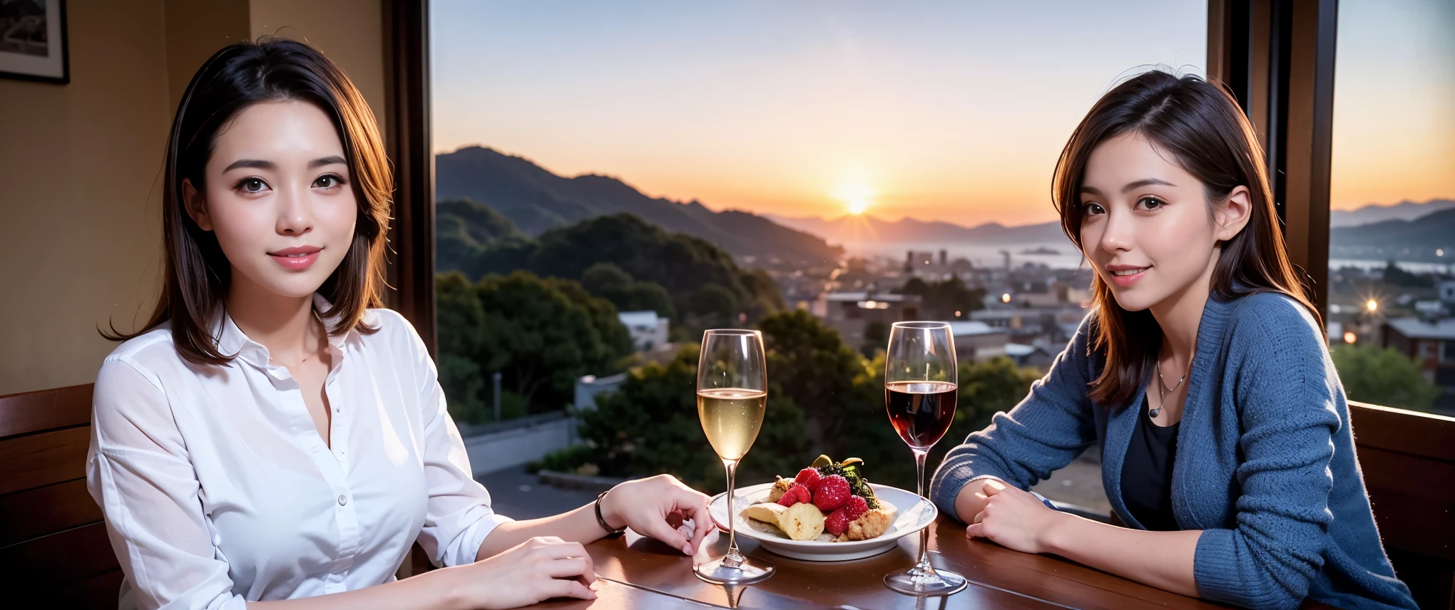 64k, Hmm, highest quality, masterpiece: 1.2), (realistic, photorealistic: 1.37), Spectacular view of the sunset sky and clouds、Amazing mountain views、3 slim beauties, (slim face),Happy、 the best smile、Fox face、Berry Short、(because I'thin), (brown hair), (shortcut), long sleeve shirt、winter fashion、Colombian、Brazilian、Japanese、Dutch、German、Portuguese、Belgian、Italian、French,Champagne、sparkling wine、 (gush out), (slim body), (brown hair), (shortcut), neat beauty、cheeks turn a little red, (35 years old), 38 years old, alone, A beautiful and detailed night view spreads out outside the window...., restaurant, wine glass is sitting, At night, in a prominent place (from the Upper body) nova frog style, actress, model, Upper body, White wine, slim, wine glass, Very beautiful night view, wine glass Put in the Middle, Happy smile, (smile: 1.15),