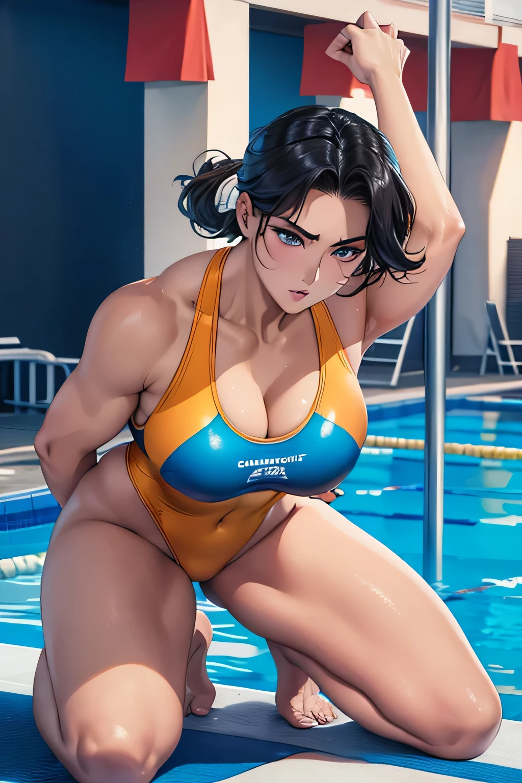 low angle shot，shoot down and up。Squat with your legs apart，Emphasis on the crotch。Contemptuous eyes and firm expression (Glamorous photo of a dedicated female swimmer，Wear a competition swimsuit), (Strong expression and commitment to excellence:1.2), Inspired by fierce competition,(((milf)))