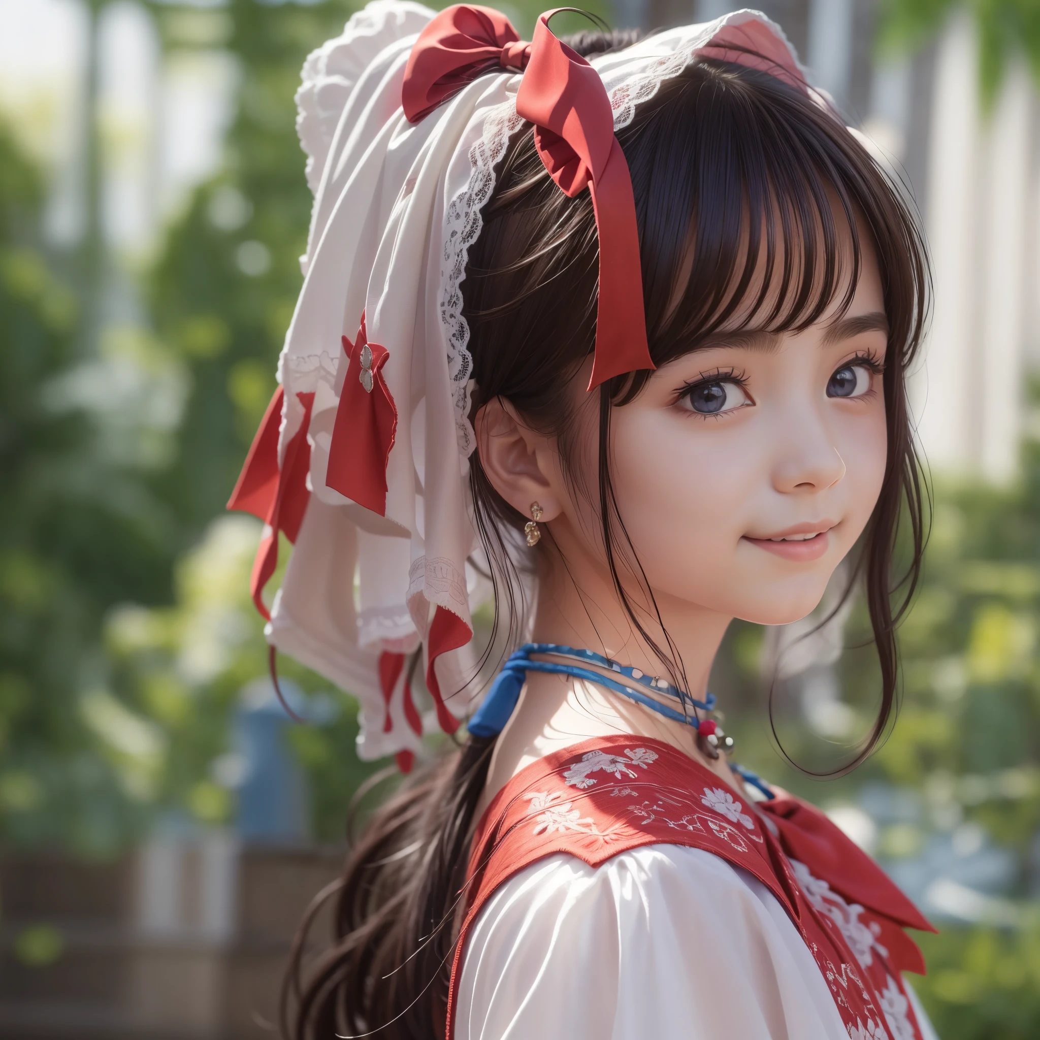 ((sfw: 1.4)), (sfw,She is wearing a long white embroidered skirt, a red blouse with lace, a white apron tied around her waist, blue socks, and brown leather shoes.A blue scarf is on her head. Yes, her accessories include necklaces, earrings, and bracelets. 1 Girl)), Ultra High Resolution, (Realistic: 1.4), RAW Photo, Best Quality, (Photorealistic Stick), Focus, Soft Light, ((15 years old)), (( (young face))), (surface), (depth of field), masterpiece, (realistic), woman, bangs, ((1 girl))