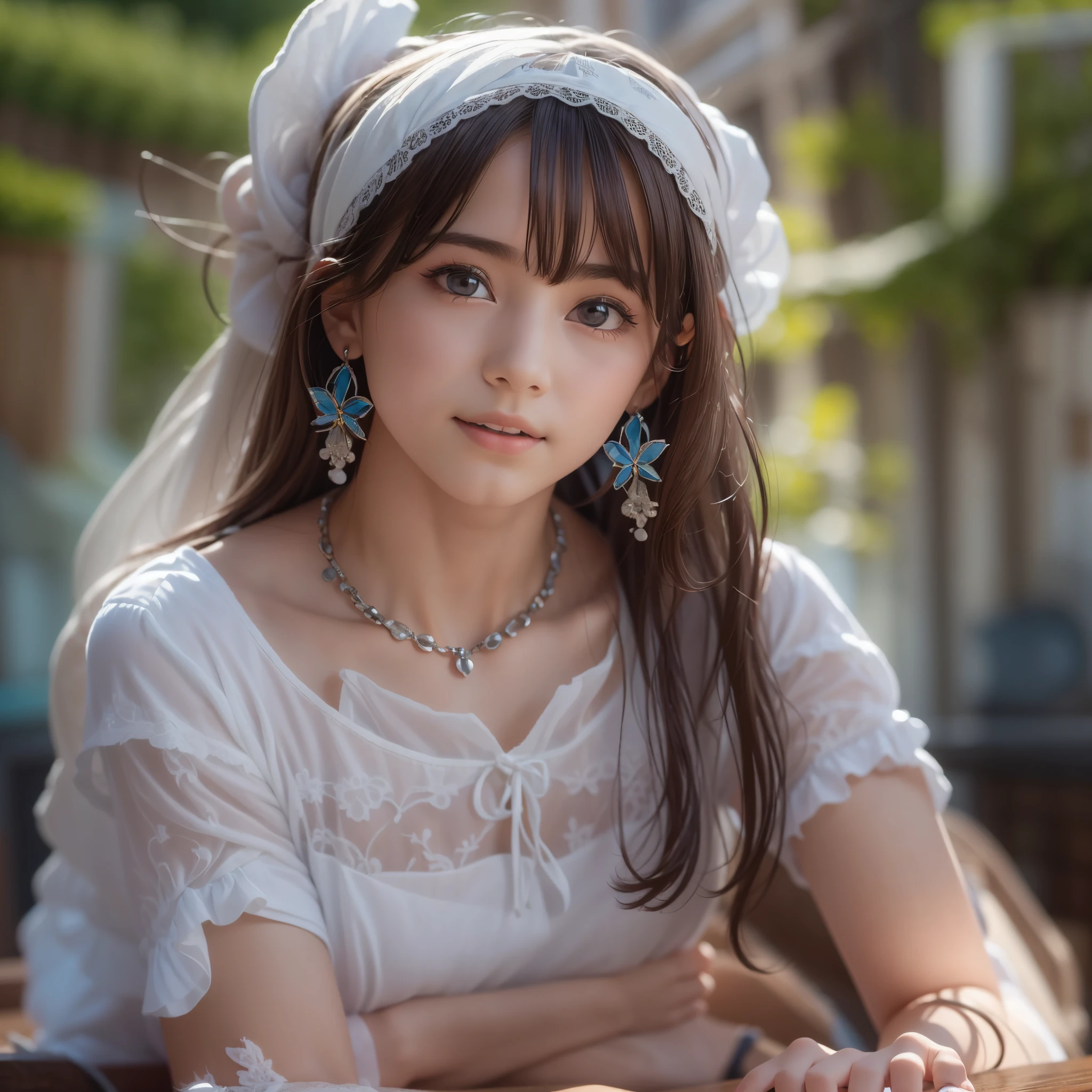 ((sfw: 1.4)), (sfw,She is wearing a long white embroidered skirt, a red blouse with lace, a white apron tied around her waist, blue socks, and brown leather shoes.A blue scarf is on her head. Yes, her accessories include necklaces, earrings, and bracelets. 1 Girl)), Ultra High Resolution, (Realistic: 1.4), RAW Photo, Best Quality, (Photorealistic Stick), Focus, Soft Light, (()), (( (young face))), (surface), (depth of field), masterpiece, (realistic), woman, bangs, ((1 girl))