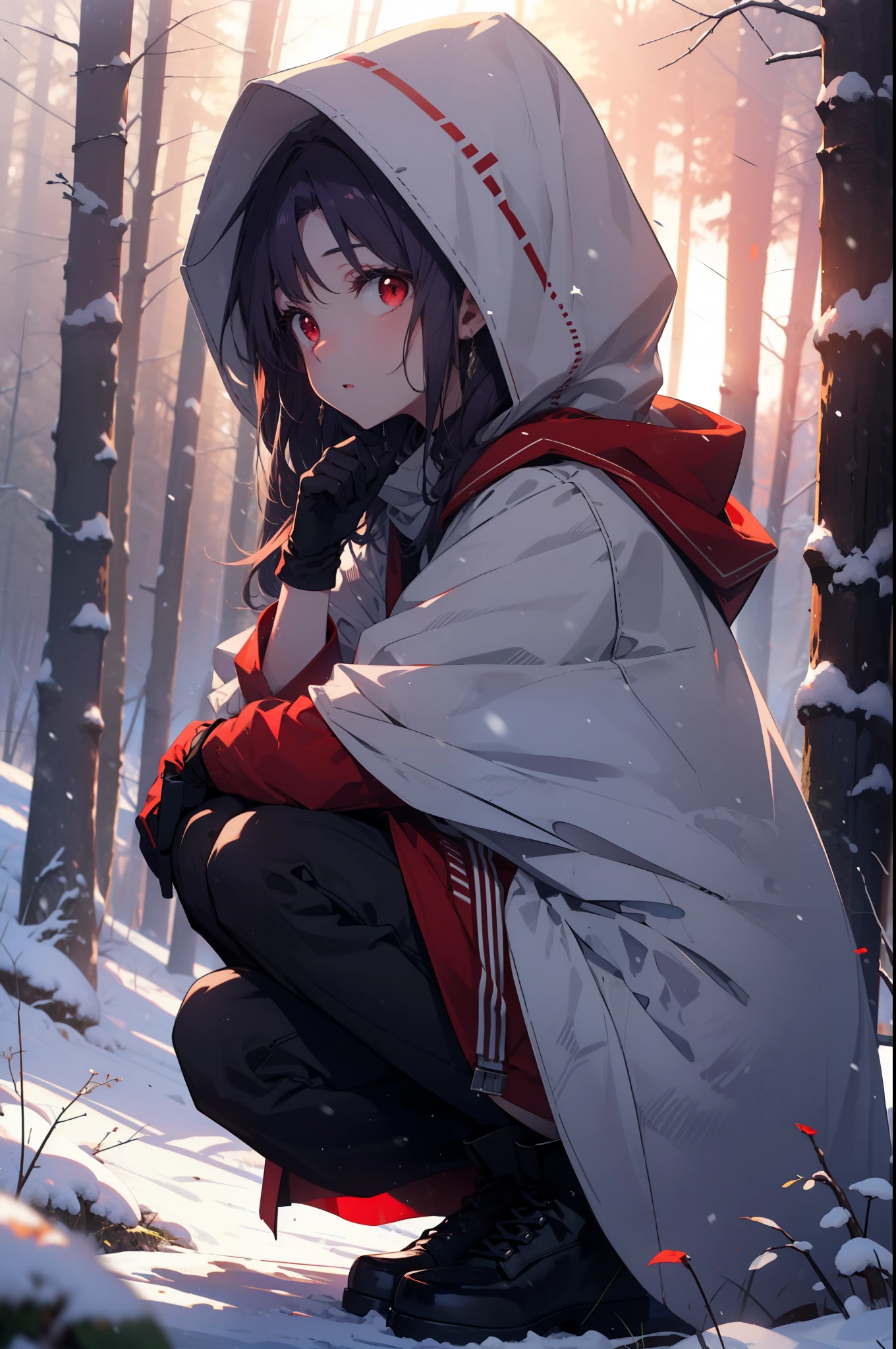 yuukikonno, Yuki Konno, hair band, long hair, pointed ears, purple hair, (red eyes:1.5), (small breasts:1.2), open your mouth,snow, hood, fire, outdoors, boots, snowing, From the side, wood, suitcase, cloak, blurry, hood up, forest, gloves, nature, brown eyes, red gloves, squat, closed mouth, hooded cloak, winter, Depth of the bounds written, black shoes, red cloak
break looking at viewer, Upper body, whole body,
break outdoors, forest, nature,
break (masterpiece:1.2), highest quality, High resolution, unity 8k wallpaper, (figure:0.8), (detailed and beautiful eyes:1.6), highly detailed face, perfect lighting, Very detailed CG, (perfect hands, perfect anatomy),