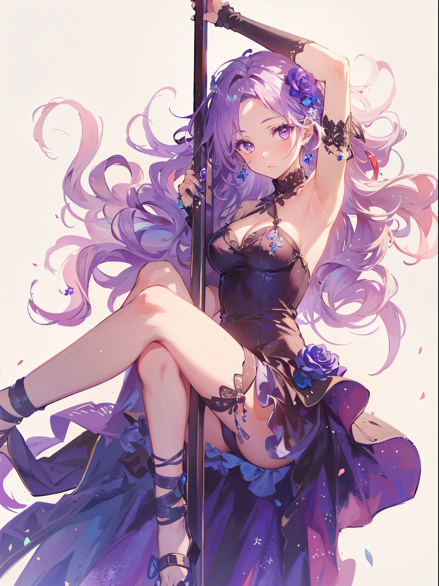 high quality, ultra detailed, best quality, insanely detailed, beautiful, masterpiece, 1girl, solo, long hair, purple hair, flower, hair flower, purple eyes, dress, hair ornament, breasts, jewelry, armpits, nail polish, looking at viewer, cleavage