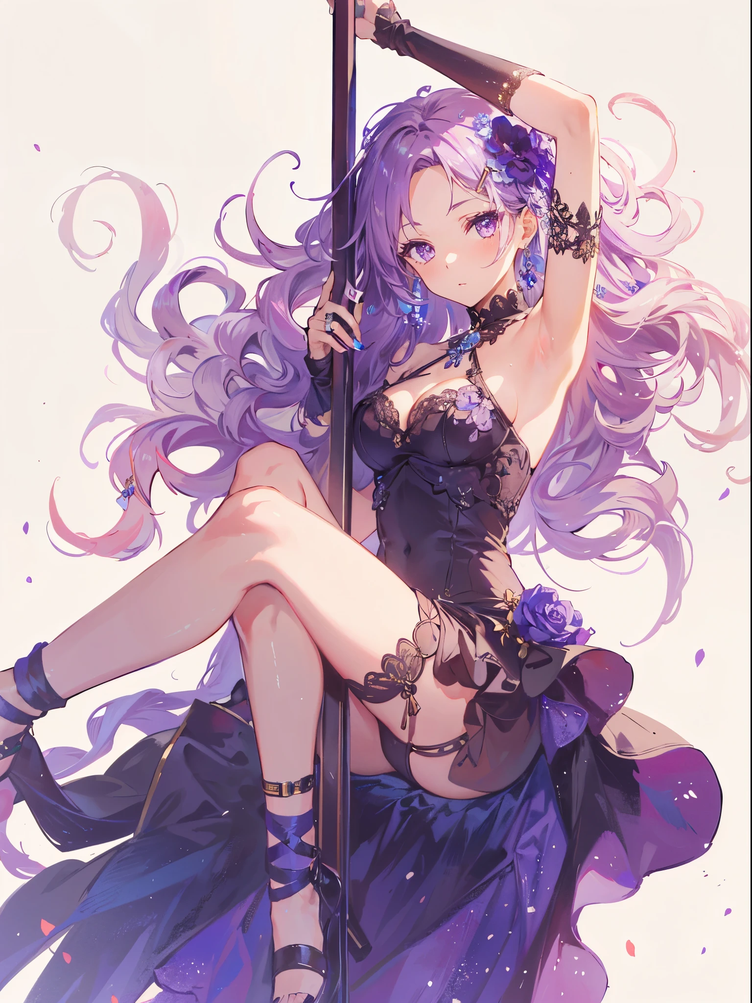 high quality, ultra detailed, best quality, insanely detailed, beautiful, masterpiece, 1girl, solo, long hair, purple hair, flower, hair flower, purple eyes, dress, hair ornament, breasts, jewelry, armpits, nail polish, looking at viewer, cleavage