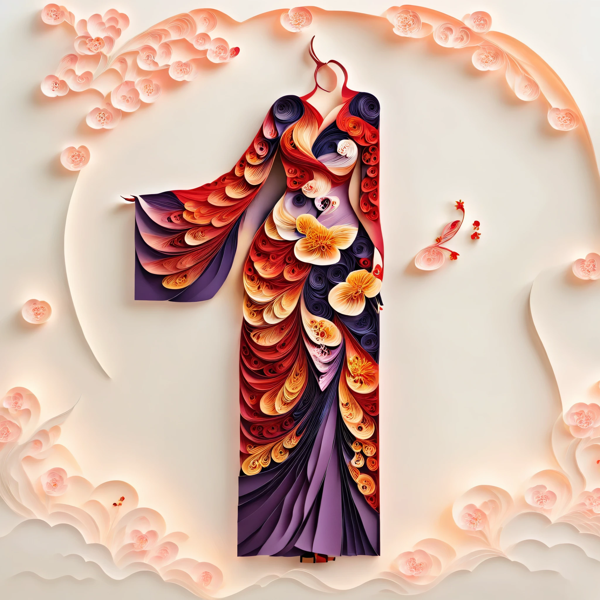 full body, solo,Light red background,(1 Beautiful girl Models ,Stand, yellow sunflower,Evening dress,high heels),(Oriental elements, Chinese color,Very colorful),(number art, paper art,layered paper art,paper quilling,paper-cut,paper sculpture)